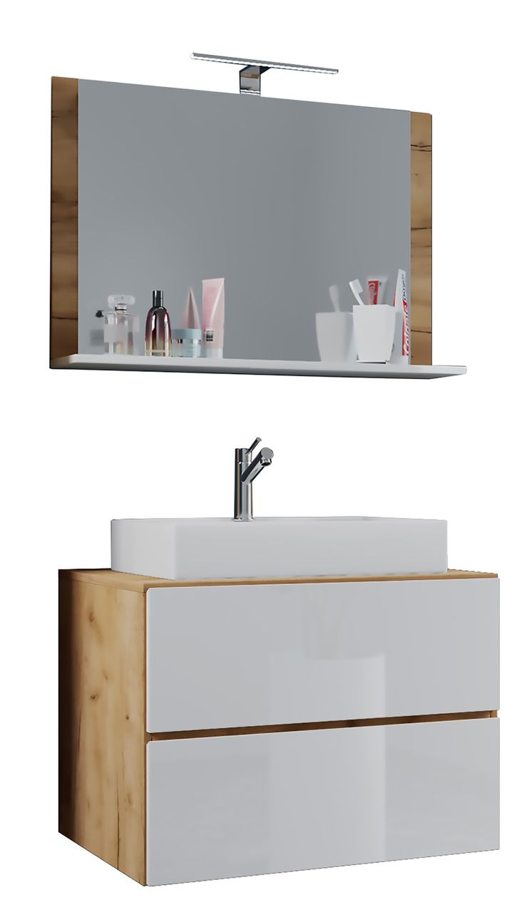 VCM Badblock Lendas M 80cm Unterschrank   Spiegel Honig-Eiche/Weiß