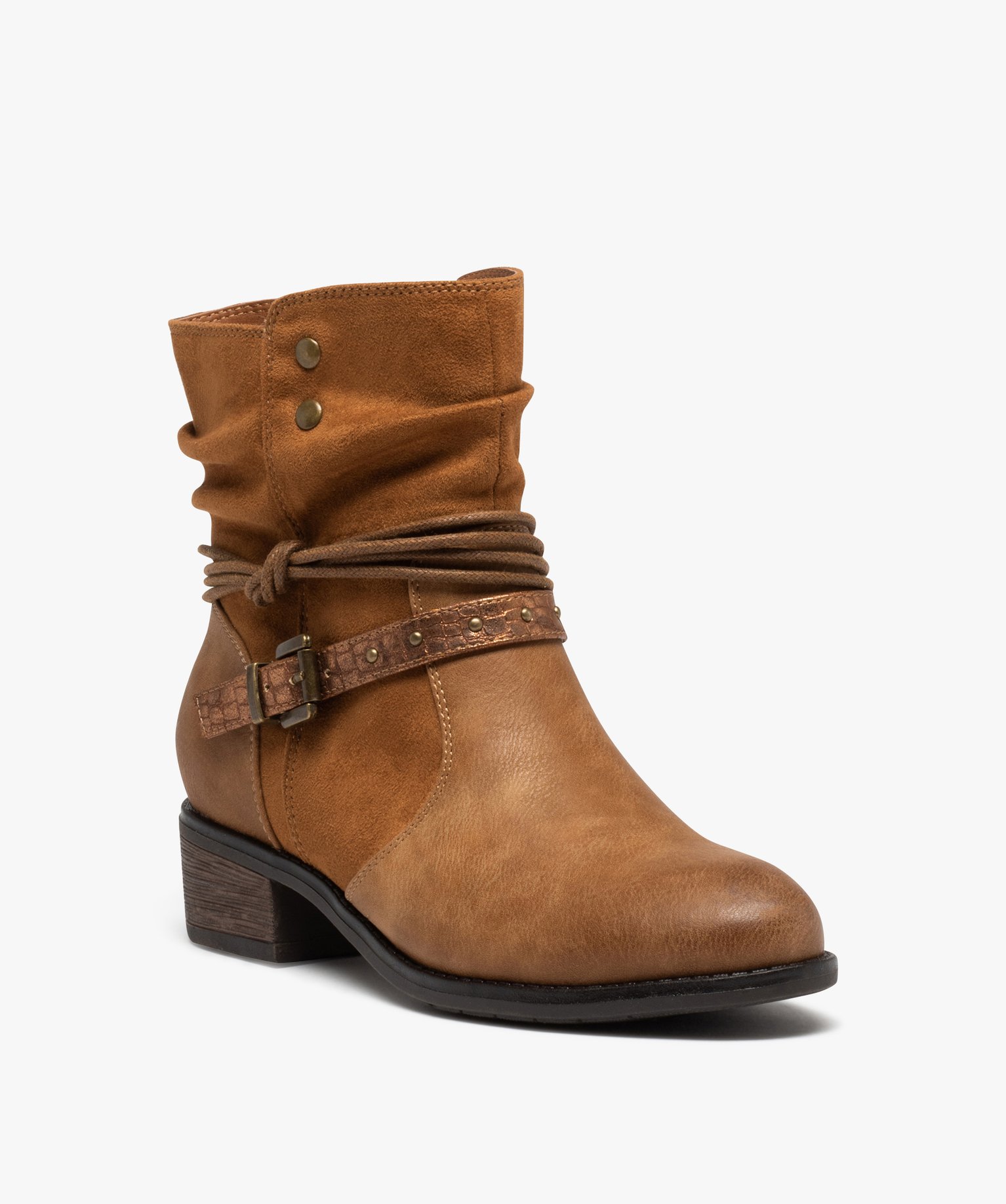 Boots femme dessus uni en suédine avec brides fantaisie camel | GEMO
