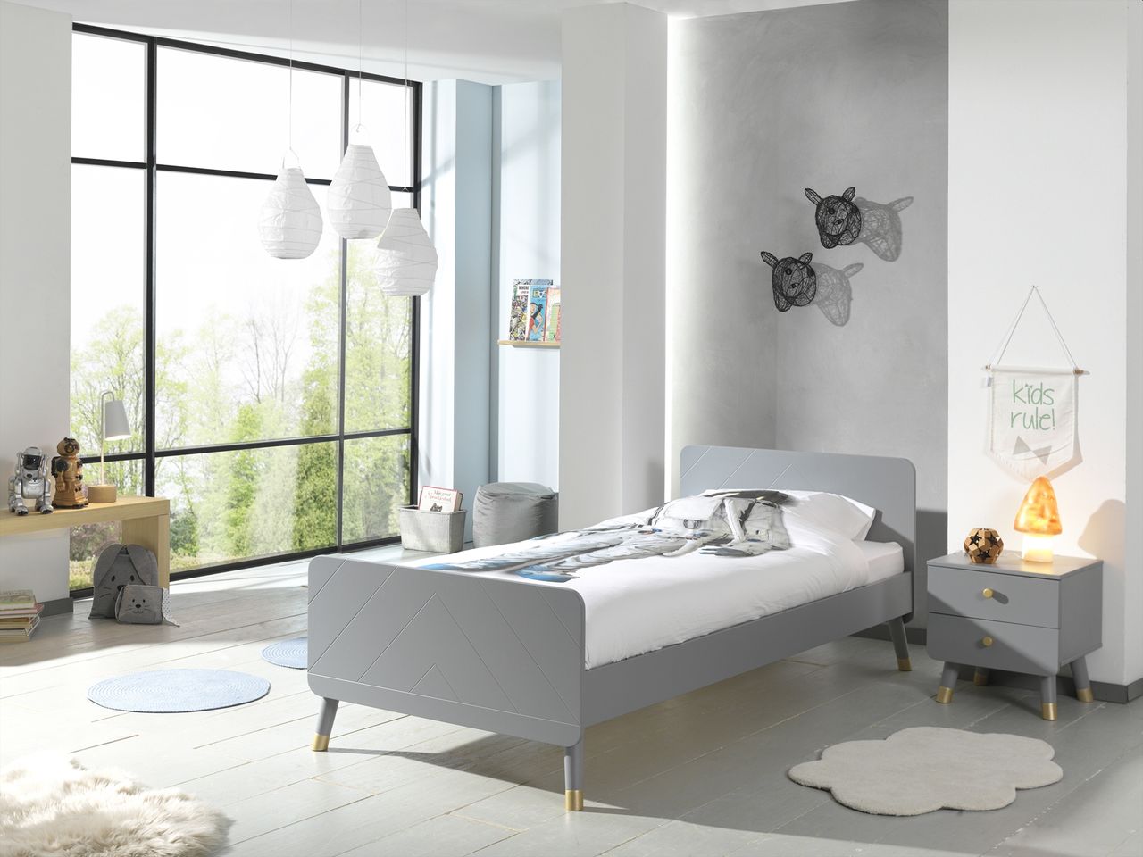 VIPACK BILLY Set best. aus: Einzelbett 90 x 200 cm, mit Lattenrost und Nachtkonsole mit 2 Schubladen, Ausführung lackiert Timeless Grau