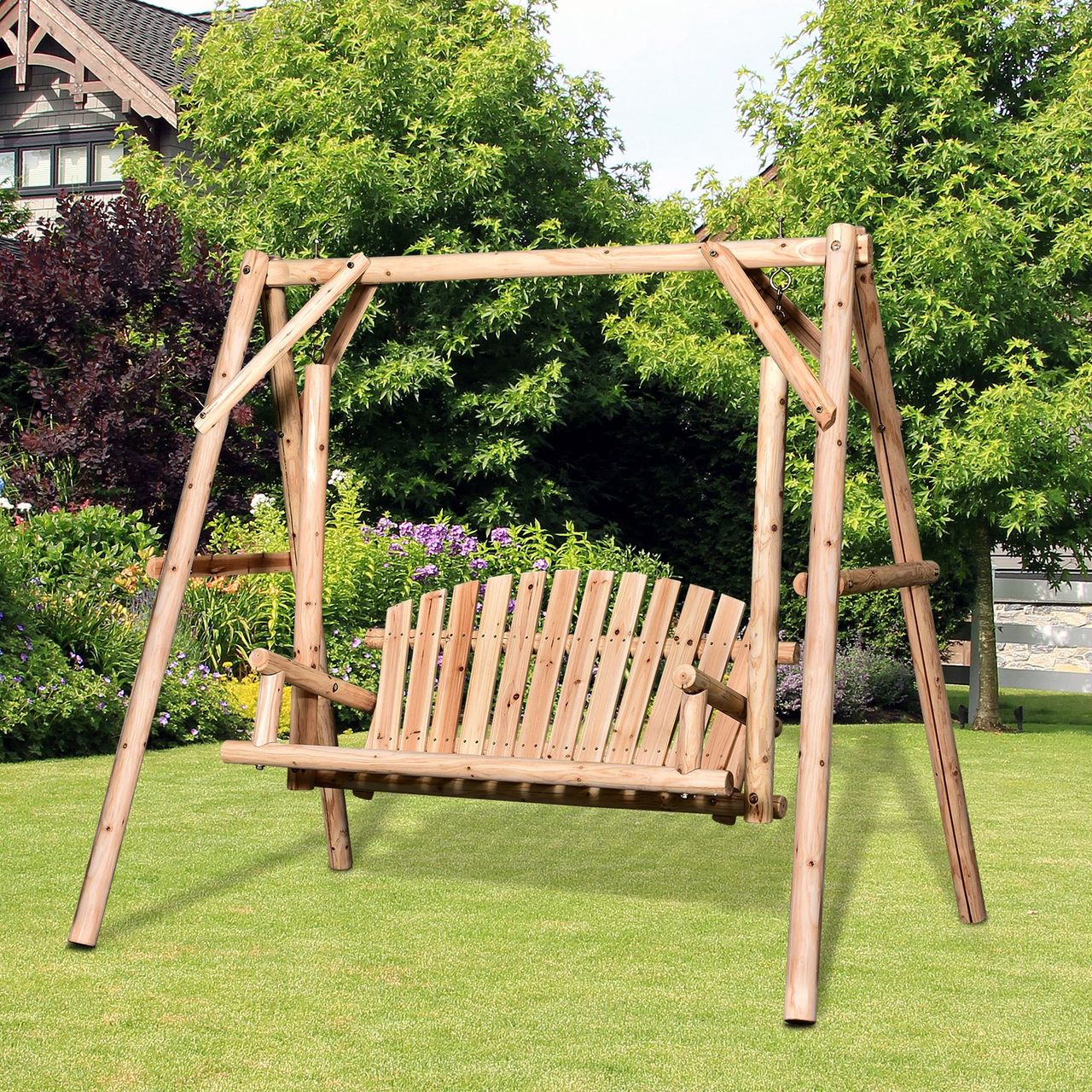 Outsunny Hollywoodschaukel Gartenschaukel 2-Sitzer Schaukelbank Massivholz Natur