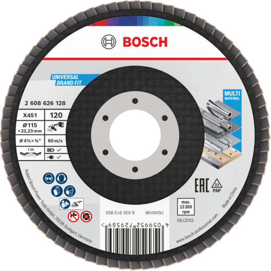 Bosch Blue Zubehör 2608626128 Lamellenschleifscheibe X451 Multi Material Ø115 mm Körnung 120 rechtwinklige Ausführung