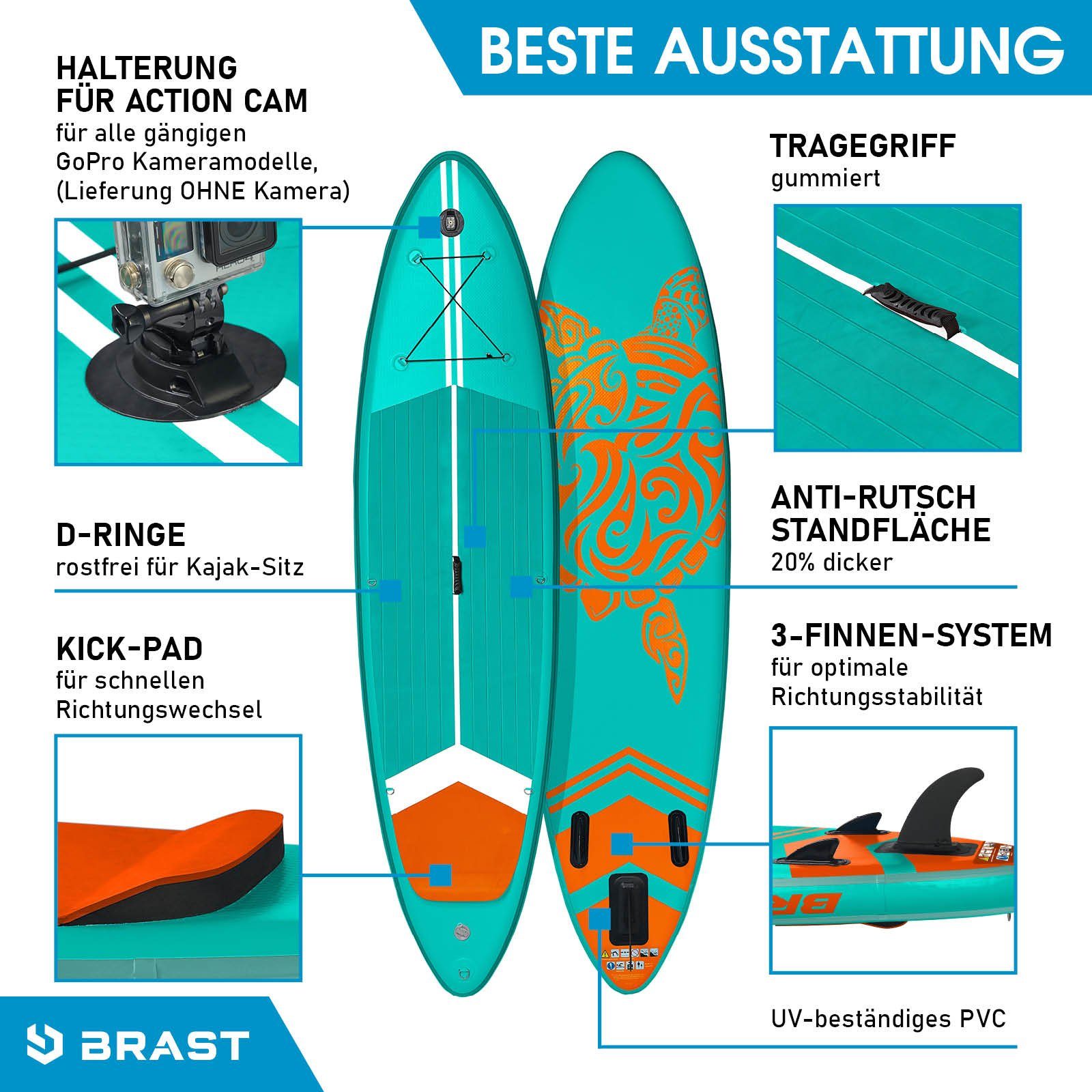 BRAST SUP-Board BRAST SUP Board SUPER Set Aufblasbares Stand up Paddle mit extra Zubehör 320x81x15cm incl. Kajaksitz Kamerahalterung Paddel Fußschleife Rucksack Pumpe
