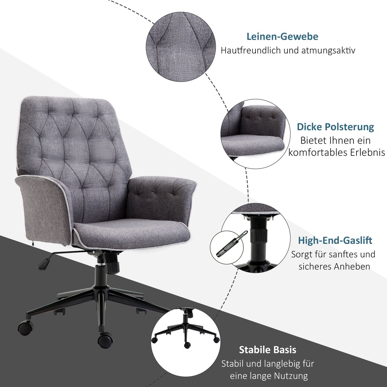 HOMCOM Bürostuhl mit Wippfunktion Drehstuhl Home-Office-Stuhl höhenverstellbarer Schreibtischstuhl ergonomisch 360°-Drehräder Schaumstoff Dunkelgrau 66 x 69 x 89,5-97 cm