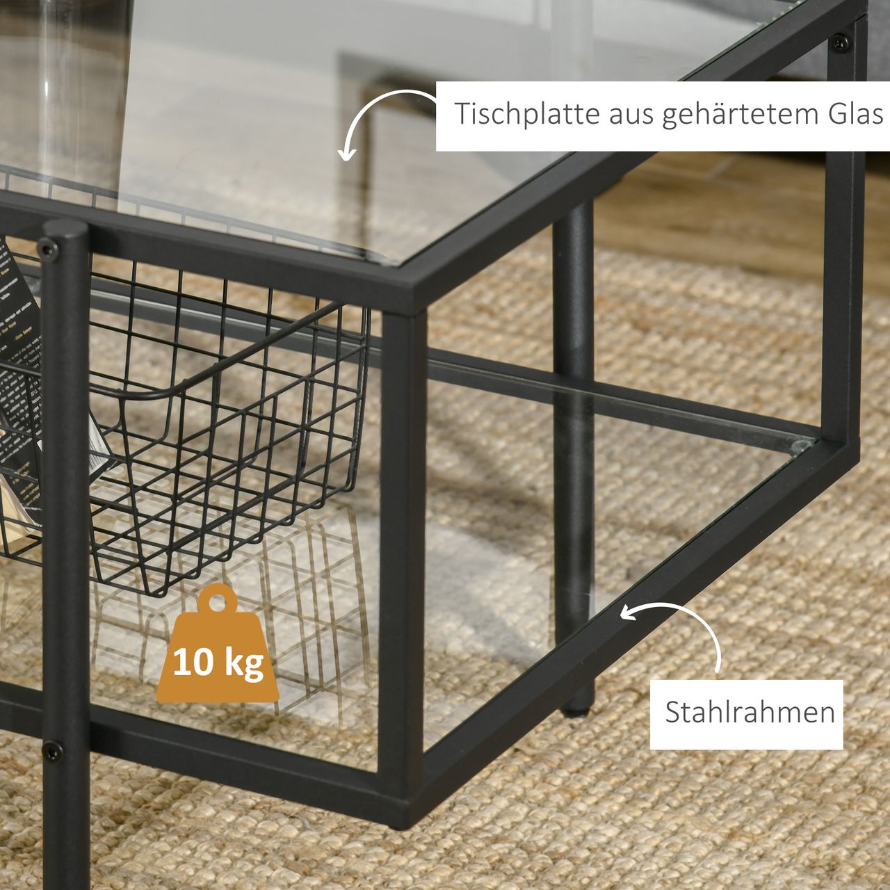 HOMCOM Beistelltisch mit Glasplatte Couchtisch mit 3 Regalen mit Stahlrahmen Glas Schwarz 100 x 55 x 45,5 cm