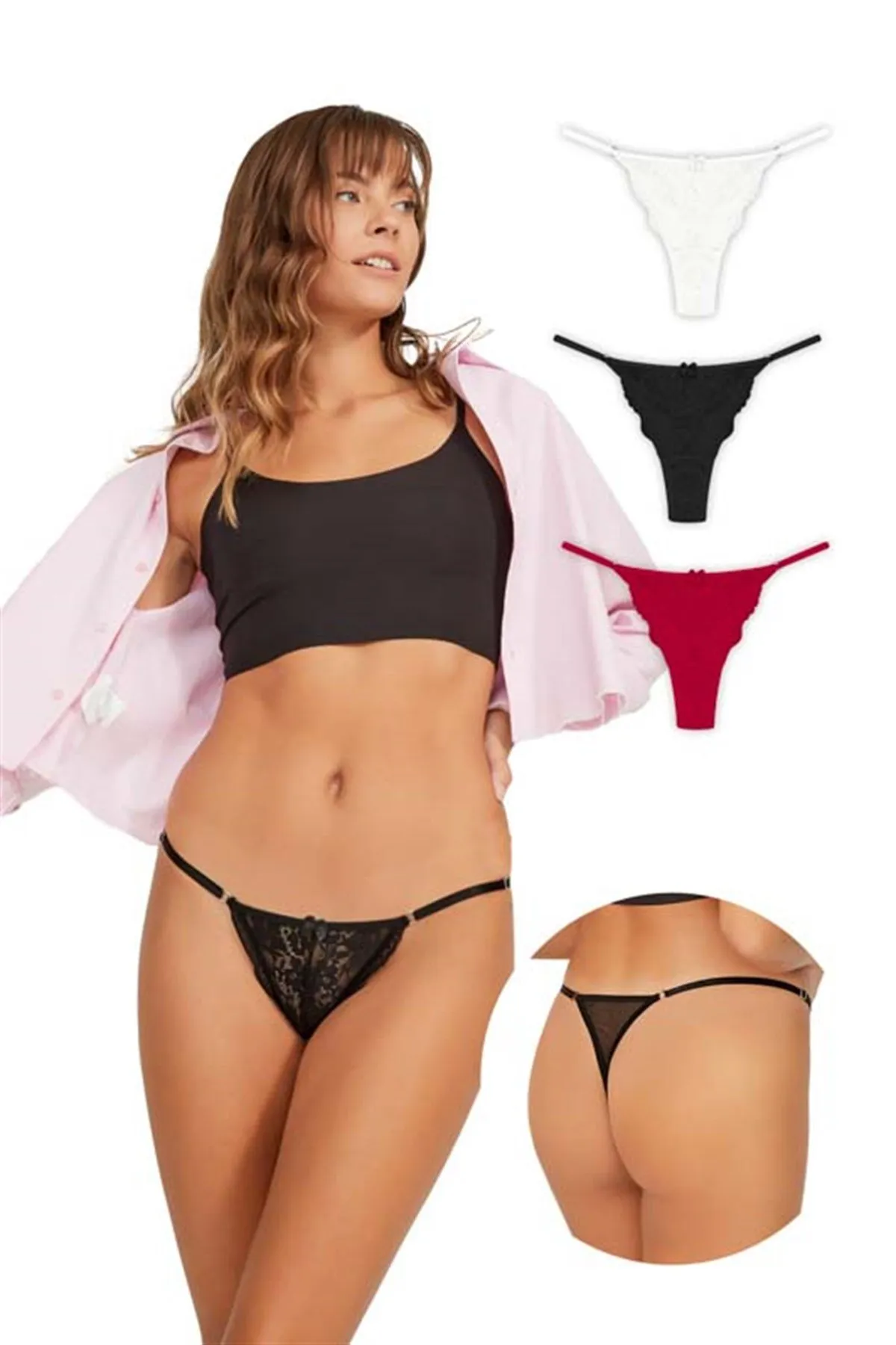 Cottonhill  Damen-Tangas mit Spitze vorne und detailliertem Tüll im 3er-Pack – 3