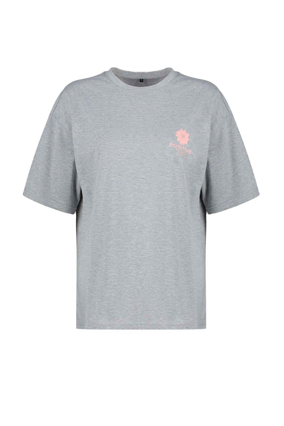 Trendyol Collection  Grau meliertes, hinten bedrucktes, übergroßes/weites Strick-T-Shirt mit Rundhalsausschnitt TWOSS23TS00321