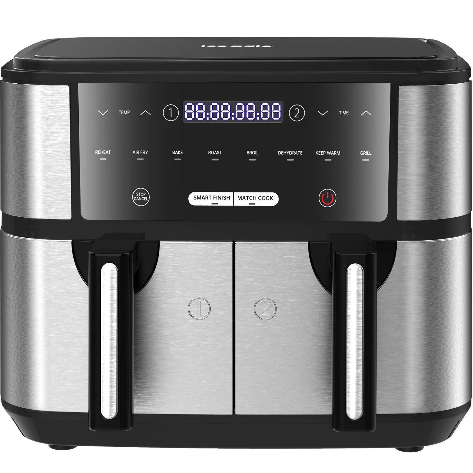 iceagle Heißluftfritteuse Heißluftfritteuse mit Doppelkammer, 9L Airfryer 2 Körben, 8 Programme, 2600,00 W, 4.5L+4.5L, Ohne Öl Fritteuse Heizluft LED-Touchscreen Edelstahl