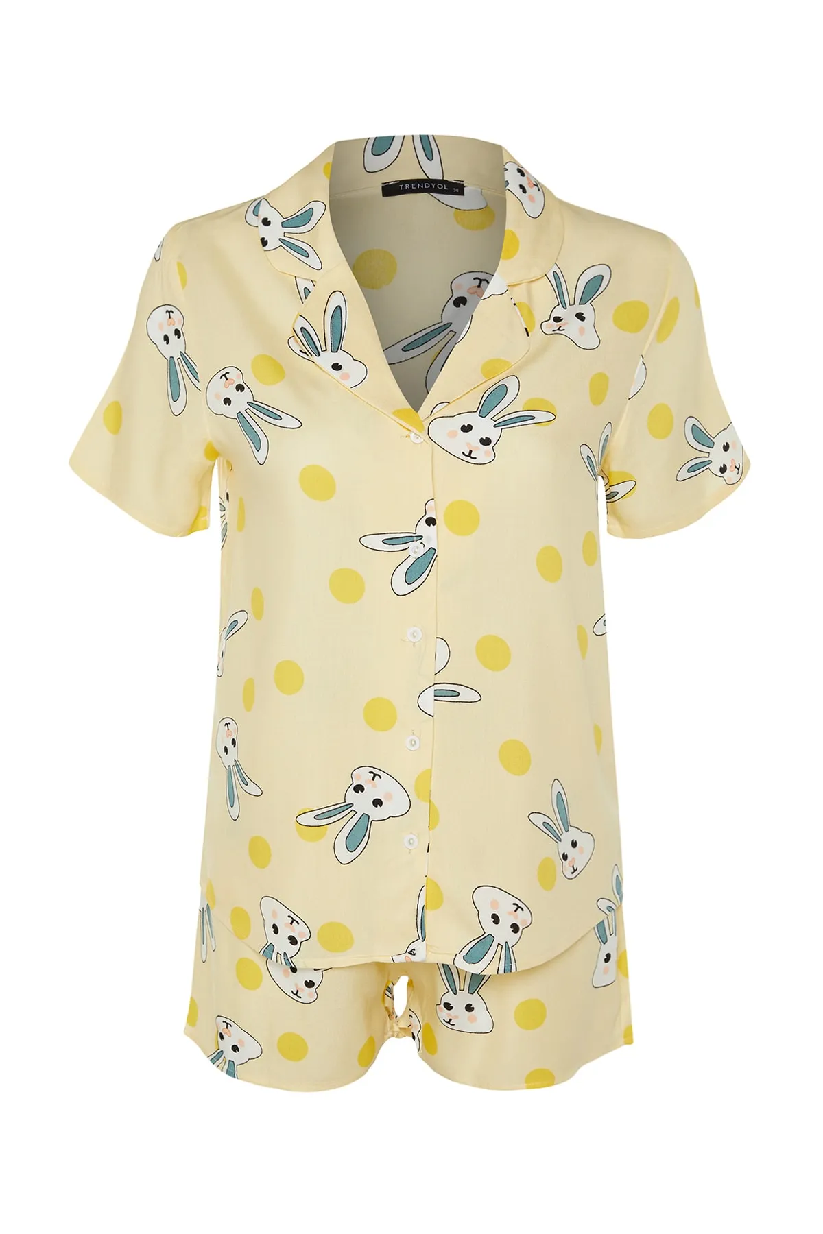Trendyol Collection  Gelbes Pyjama-Set aus Viskose mit Hemd und Shorts mit Kaninchenmuster THMSS23PT00235