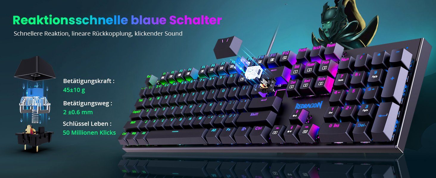 Redragon ET Mechanical Mechanische Gaming-Tastatur mit RGB Beleuchtung Tastatur (QWERTZ Layout, 105 Tasten, Programmierbar, Kabelgebunden, RGB Beleuchtung)