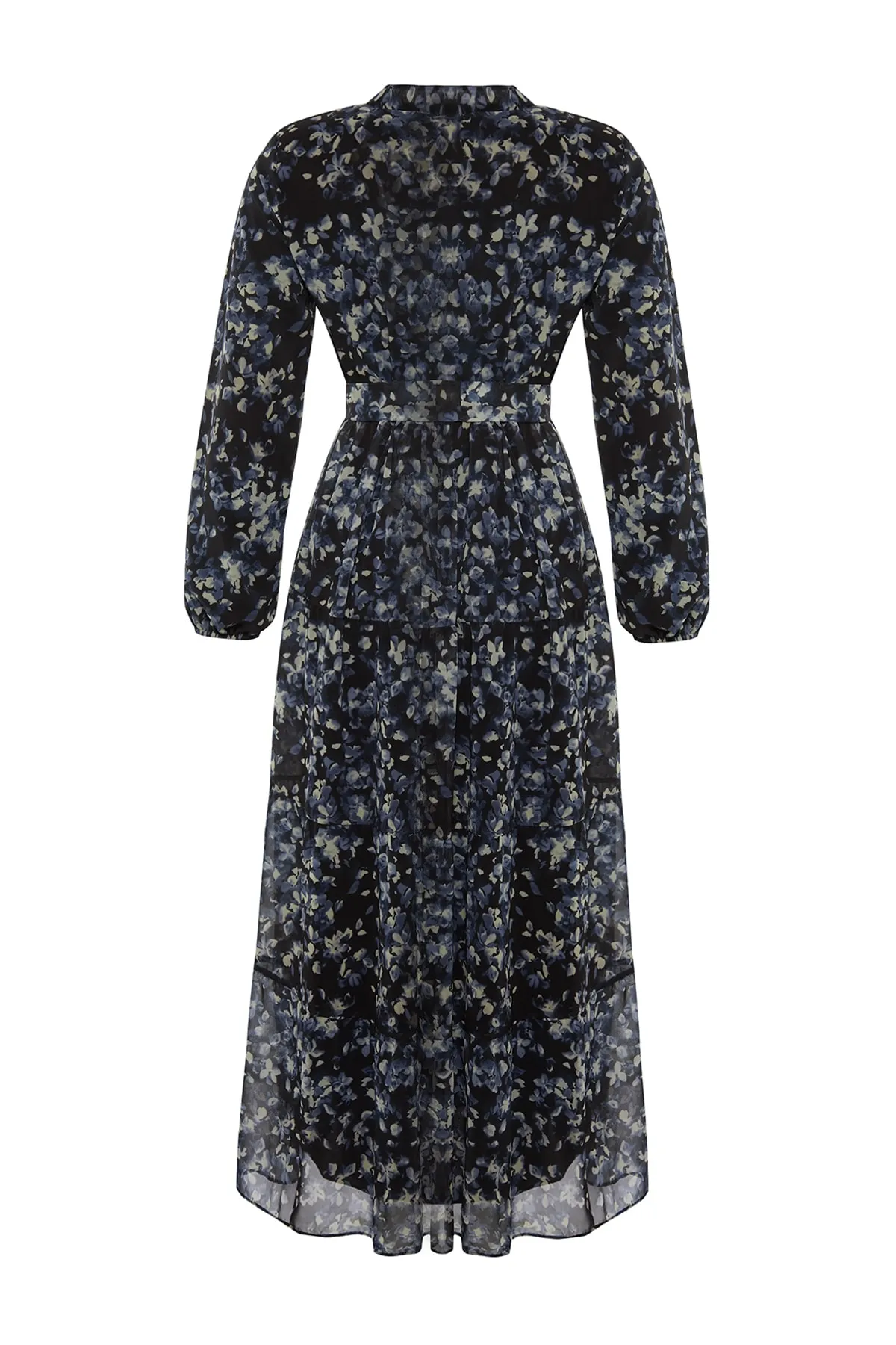 Trendyol Modest  Schwarzes, gefüttertes Chiffon-Kleid mit Blumenmuster, Schärpe und Detail TCTSS21EL3346