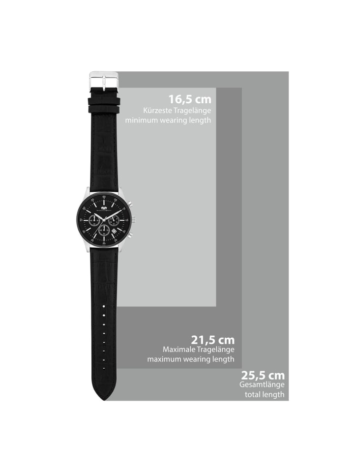 Rhodenwald & Söhne Herren Chronograph silber/schwarz Echtleder schwarz in schwarz günstig kaufen 21,5 cm