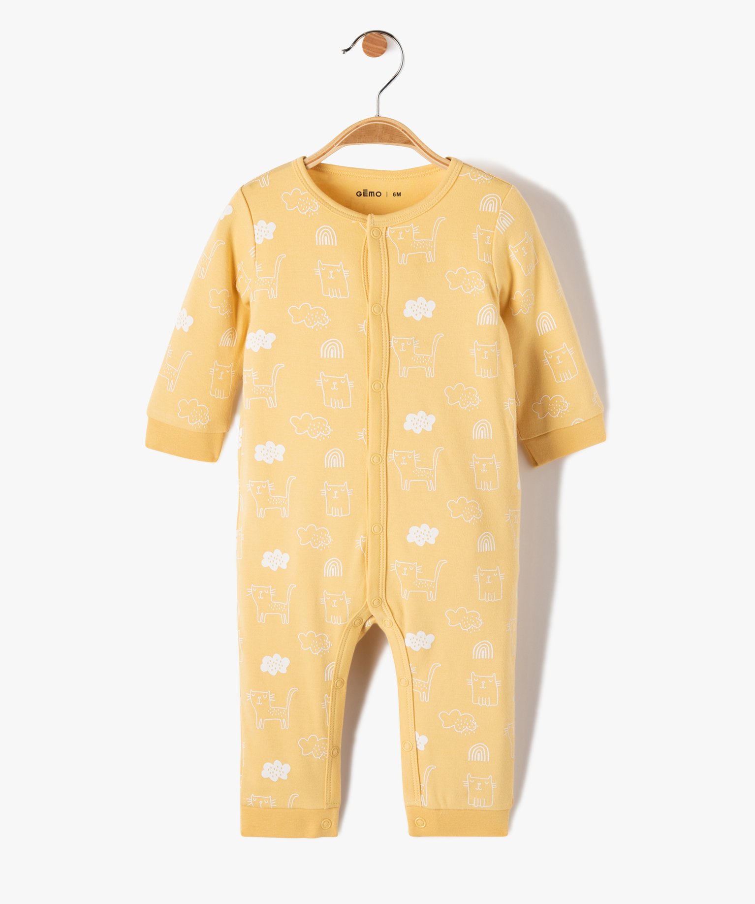 Pyjama bébé en jersey imprimé chat à ouverture ventrale jaune | GEMO