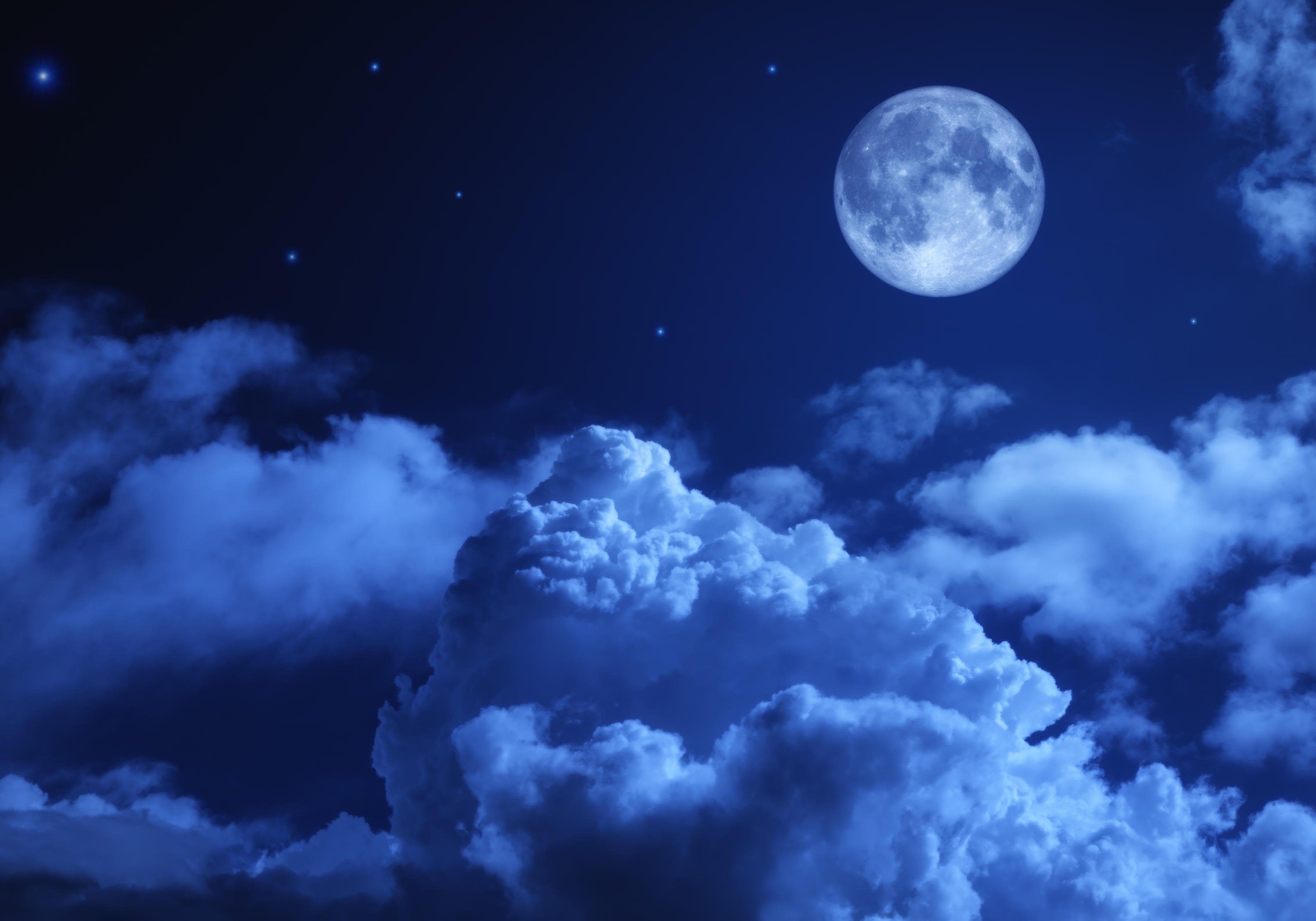 wandmotiv24 Fototapete Nacht Mond Himmel Sternen Wolken Blau, glatt, Wandtapete, Motivtapete, matt, Vliestapete