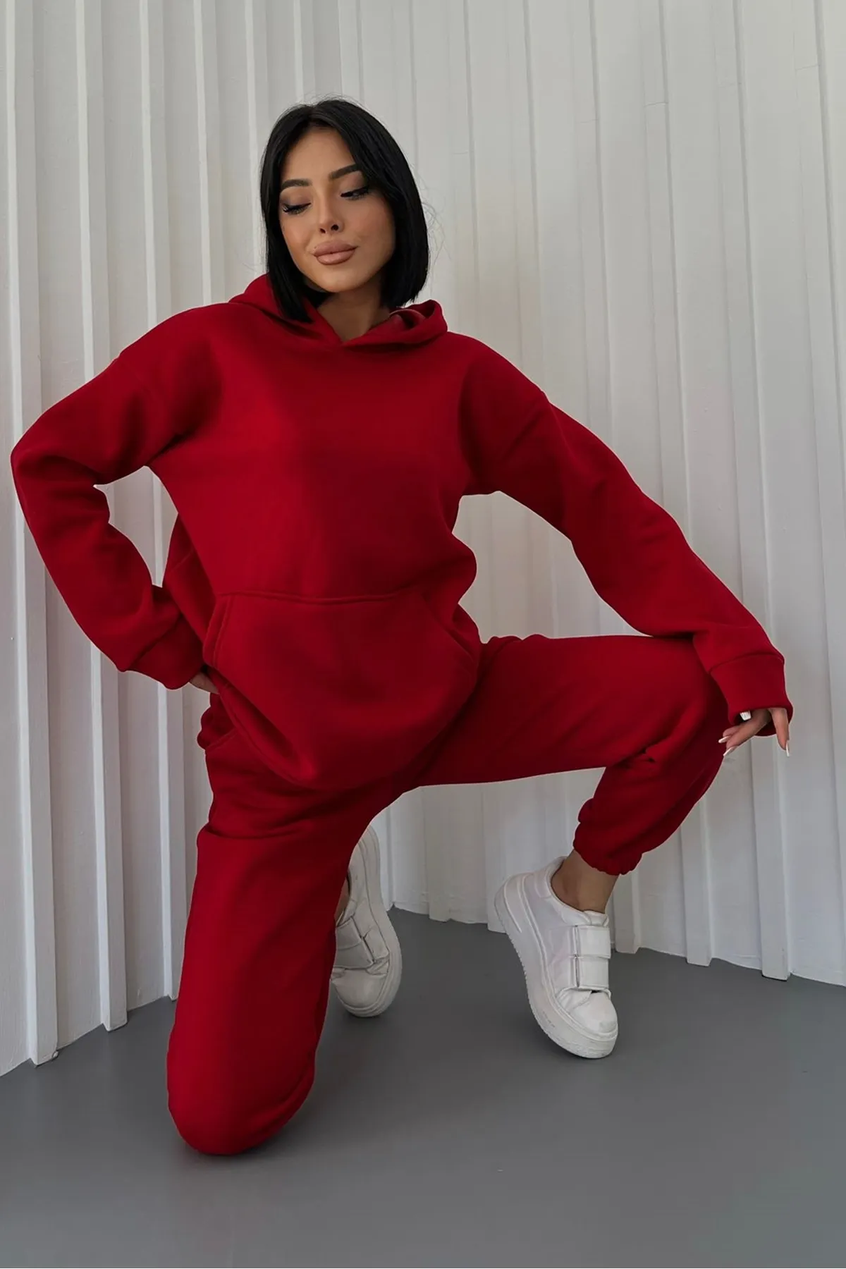 bayansepeti  Dreifädiges Gewebe, Kapuzenpullover mit Kängurutasche und hoch taillierter Hose, rot, Sport-Trainingsanzug-Set 400