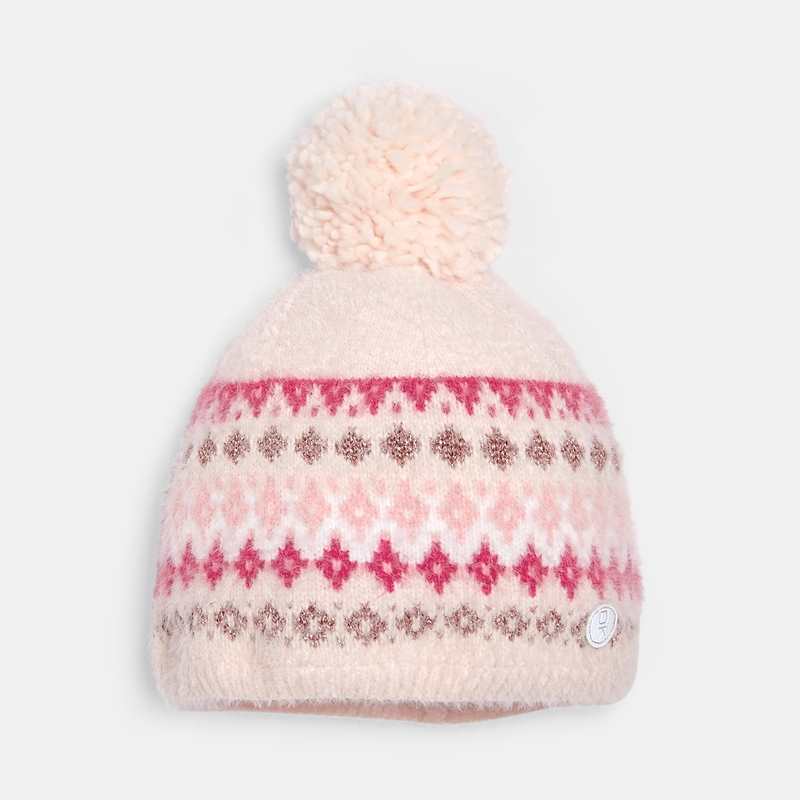 Bonnet fluffy avec motifs en jacquard rose fille