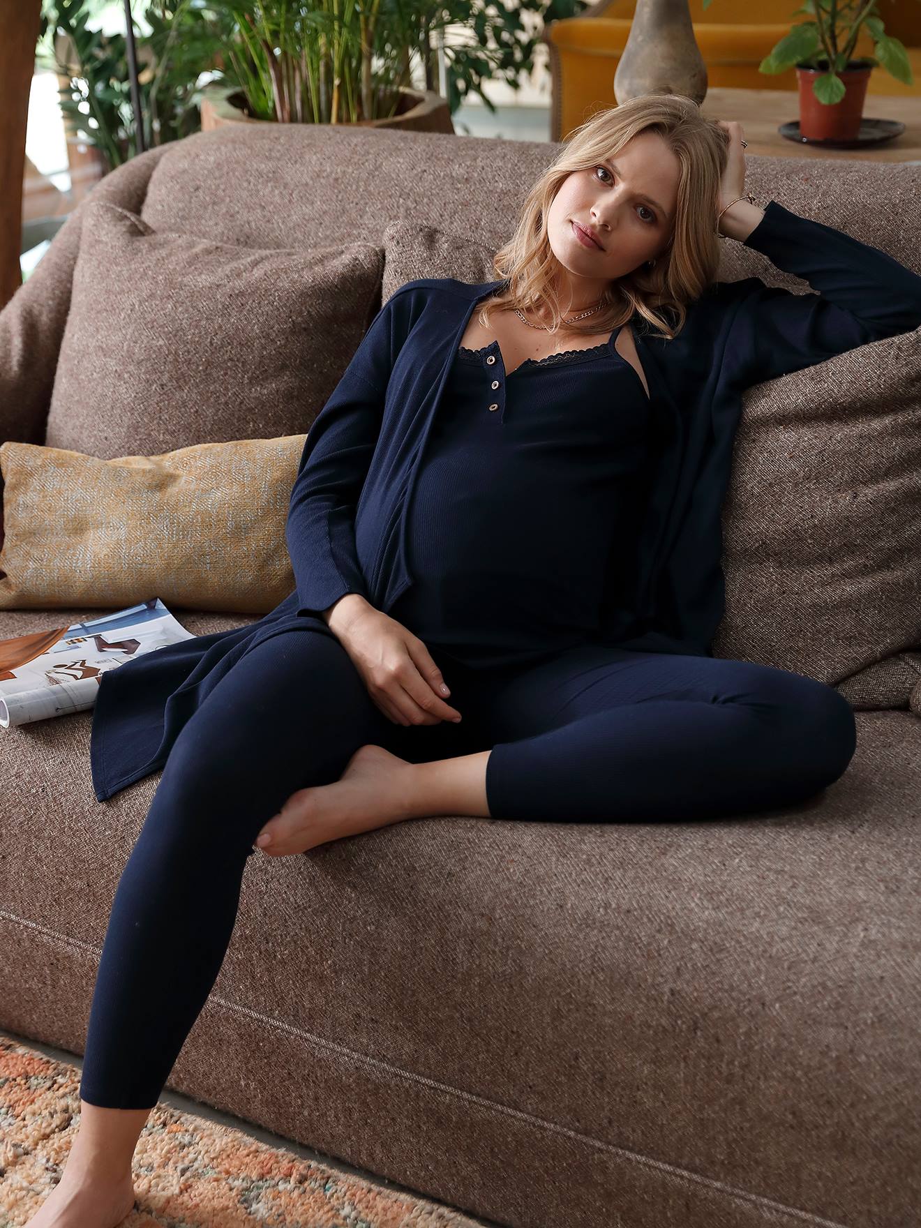 Ensemble 3 pièces homewear grossesse et allaitement bleu