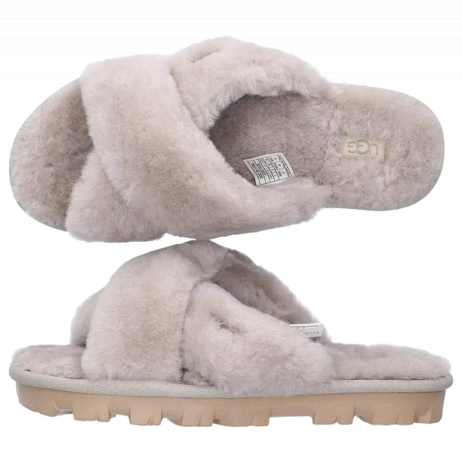 UGG - Hausschuhe FUZZETE Lammfell Logo weiß - grau
