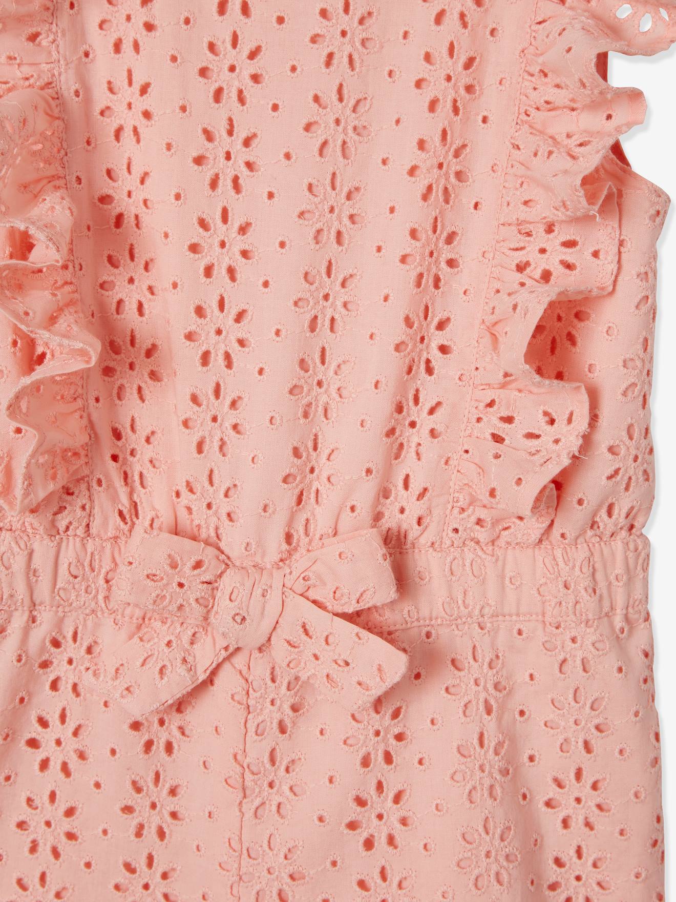 Combinaison volantée en broderie anglaise bébé fille rose pâle