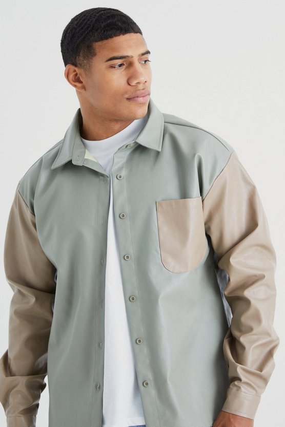 PU Colorblock Overshirt mit Tasche