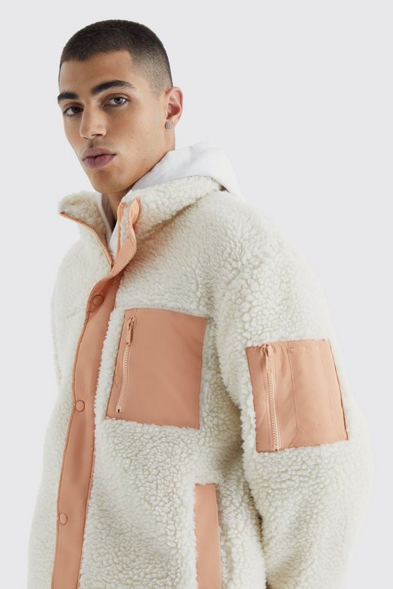 Jacke aus Borg & Nylon mit Trichterkragen