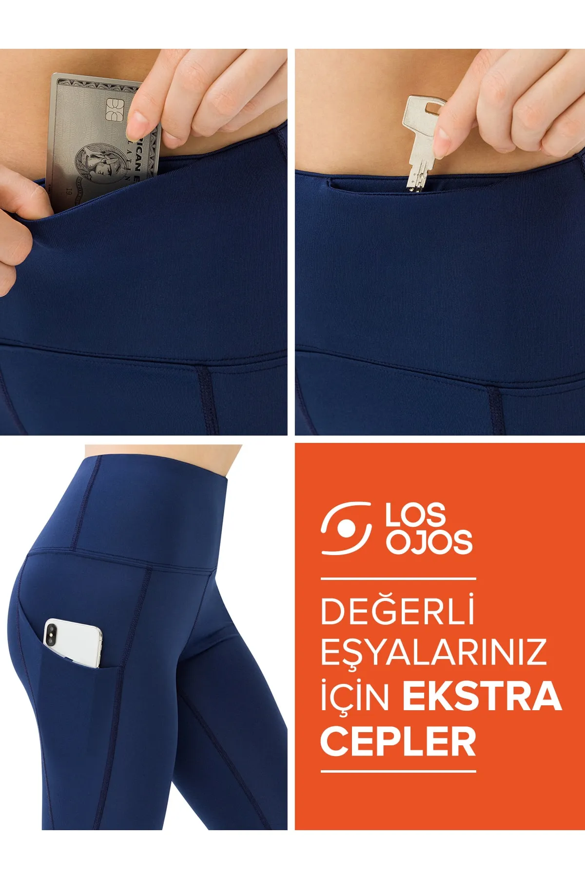 LOS OJOS  Marineblaue, kompakte Sport-Leggings mit hoher Taille und doppelten Taschen für Damen