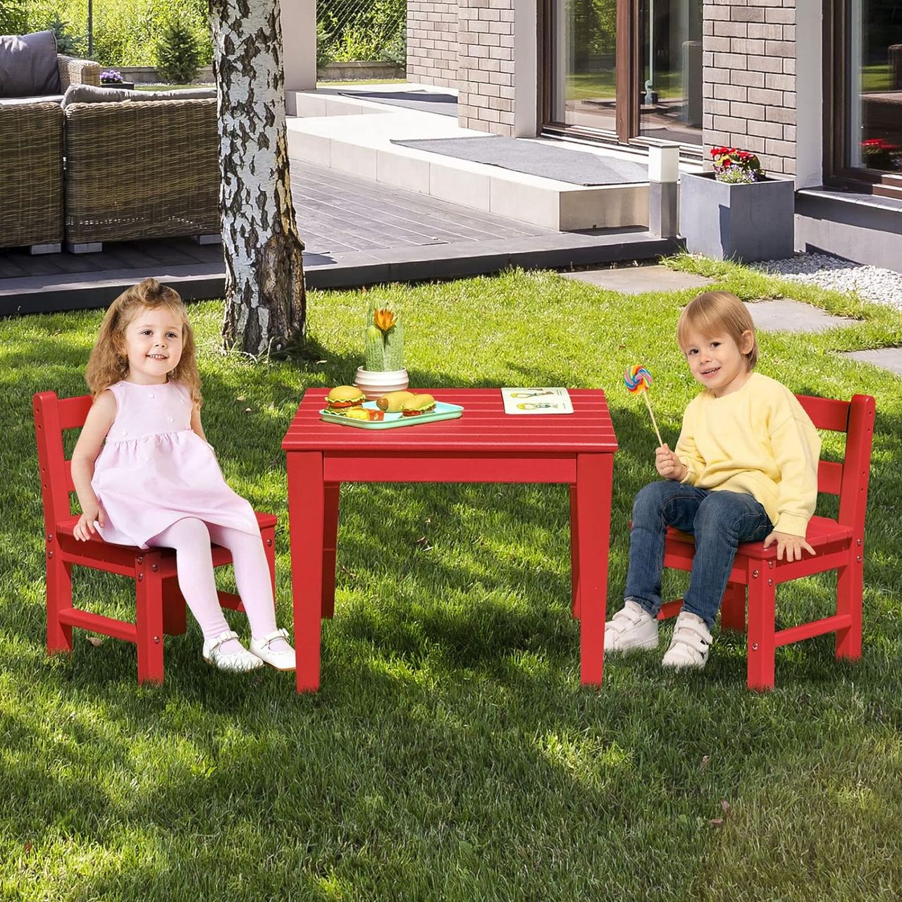 Costway 3-teiliges Tisch- & Stuhlset, Spieltisch-Set für Kleinkinder aus Holz