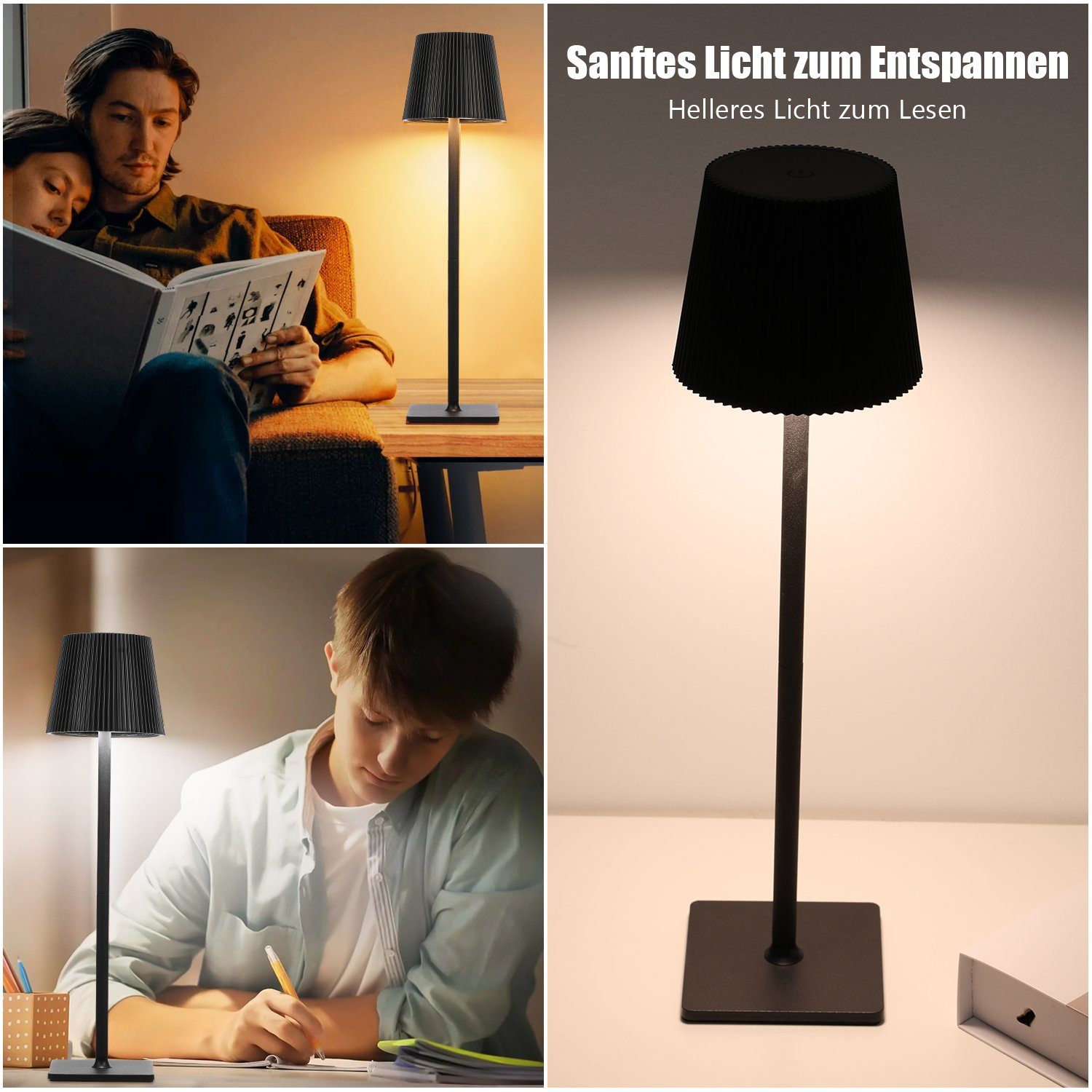 iscooter LED Tischleuchte LED Tischlampe,Touch Dimmbar 3 Farben Metall led tischleuchte kabellos, LED fest integriert, Kaltweiß, Naturweiß, Warmweiß, IP54 aufladbare LED Tischlampe, Abnehmbar Tischlampe mit Metallsocke