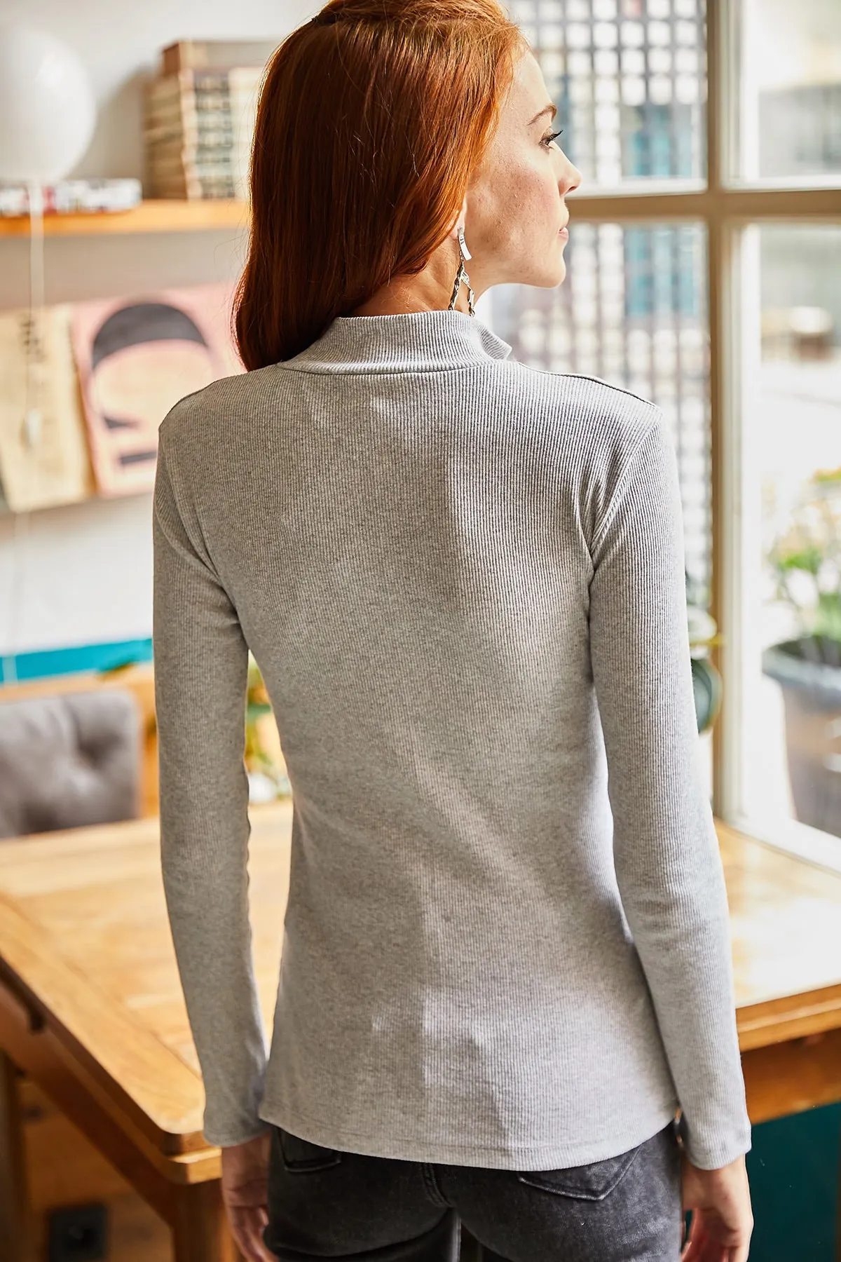 Olalook  Graue Rollkragen-Lycra-Bluse mit Reißverschluss für Damen BLZ-19001155