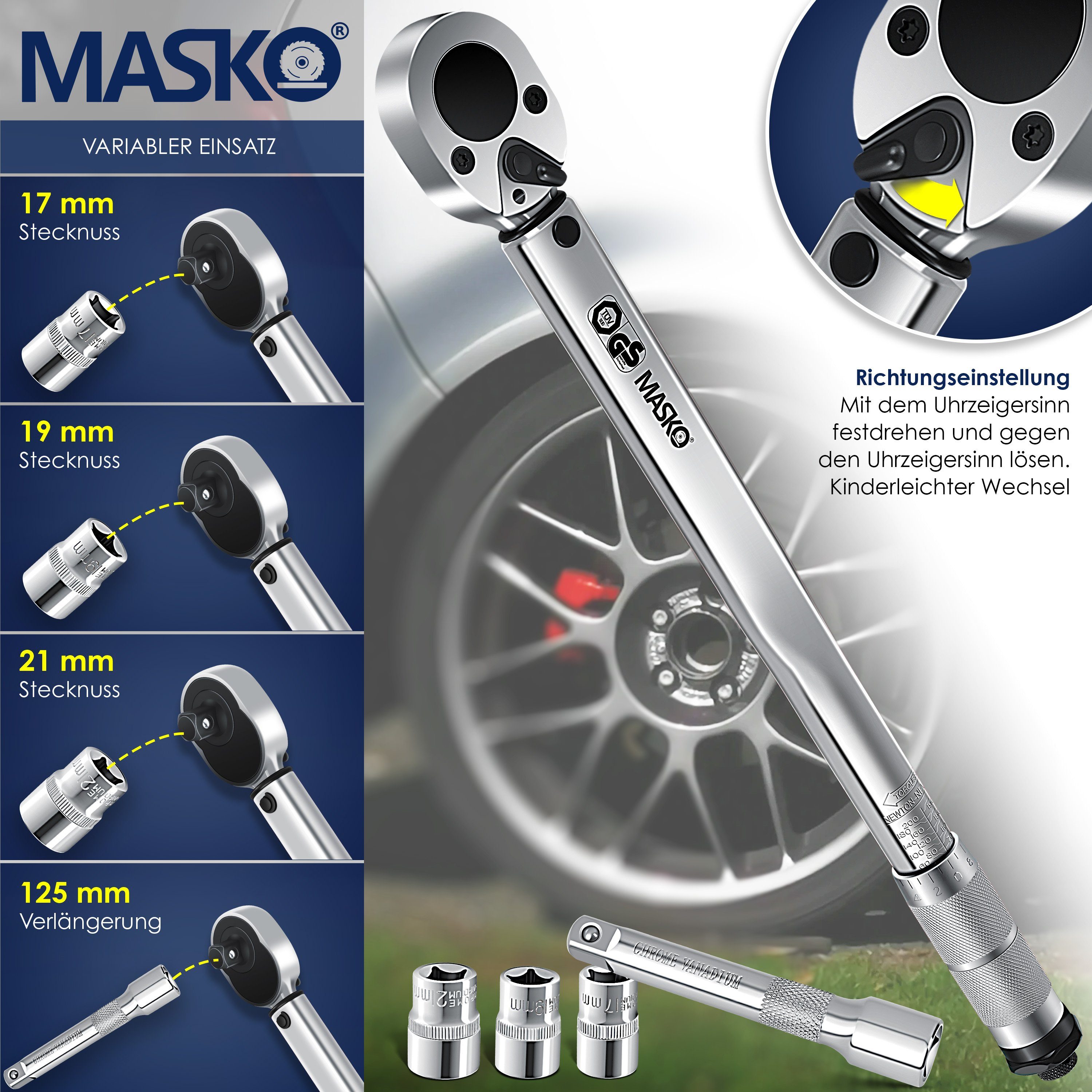 MASKO Drehmomentschlüssel, Drehmomentschlüssel 6tlg. Set 40-210Nm 1/2 CV inkl. Stecknuss