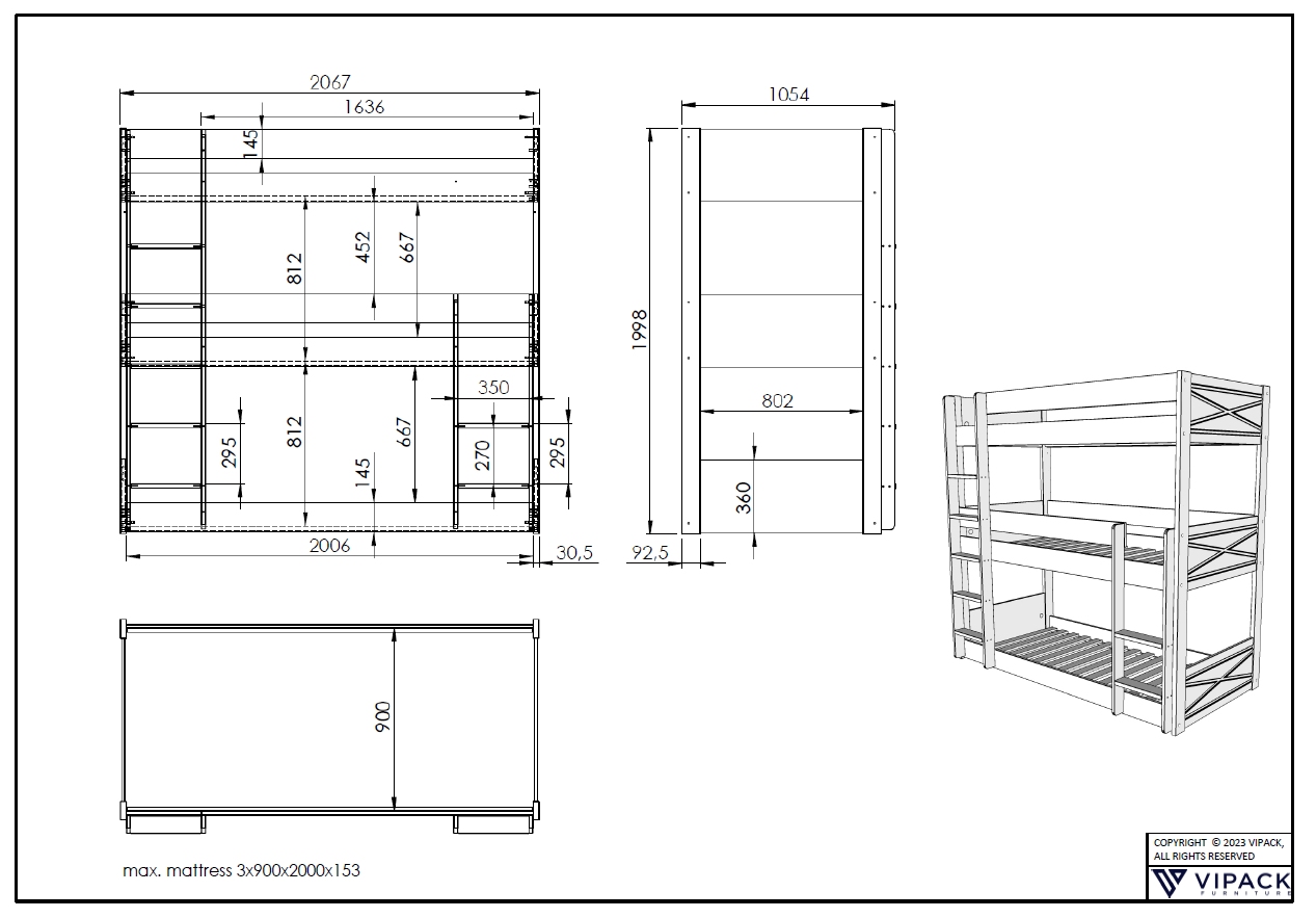 VIPACK SCOTT Etagenbett mit 3 LF 90 x 200 cm, inkl. Rolllattenrost u. Leiter, Ausf. Kiefer weiß