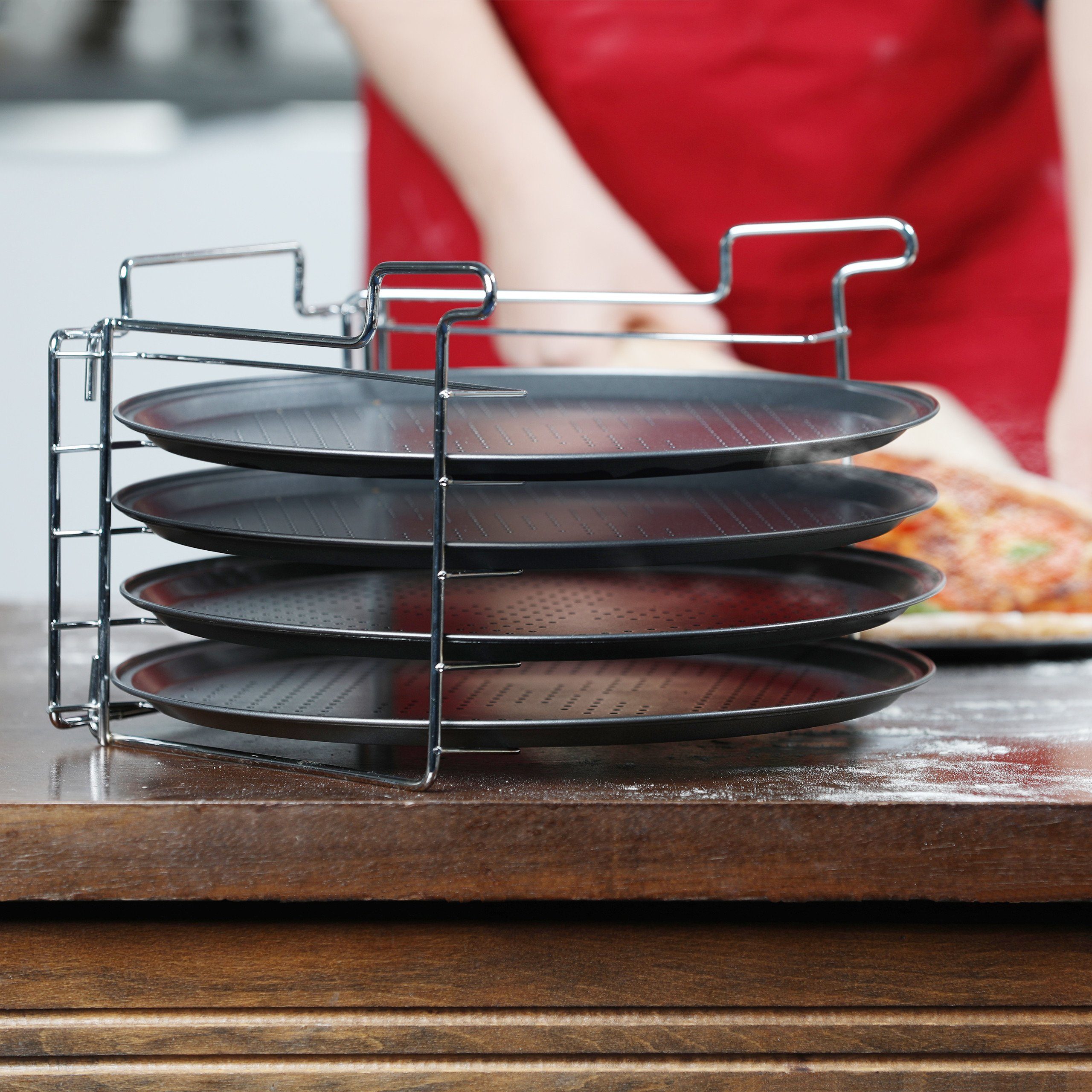 relaxdays Pizzablech Pizzablech 4er Set mit Ständer, Eisen