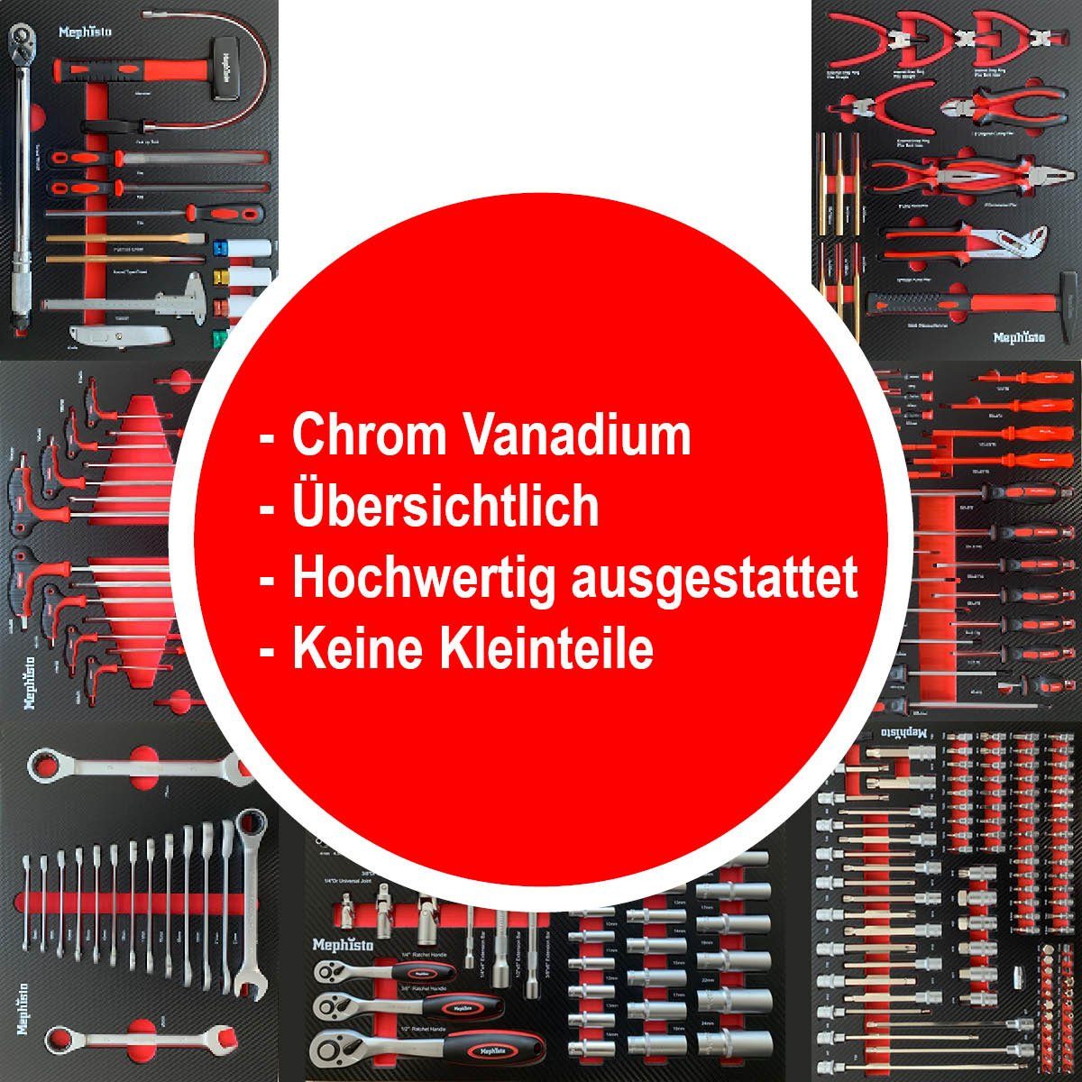 Mephisto-Tools Werkstattwagen, (fertig montiert und bestückt), 7 abschließbare Schubladen, je Schublade belastbar bis je 35 kg, 2 Schlüssel inkl., kugelgelagerte Rollen mit Gummierter Beschichtung, Werkzeug ist aus hochwertigem Chrom Vanadium Stahl,