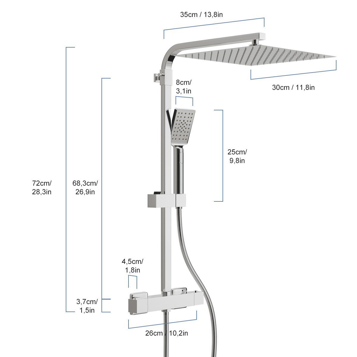 MULISOFT Duschsystem Duschset Regendusche mit Thermostat Edelstahl 30*30cm Regenduschkopf, Höhe 72 cm, 2 Strahlart(en), Brausegarnitur Duschkopf mit Schlauch,Duschstange,Duschsäule Duschset