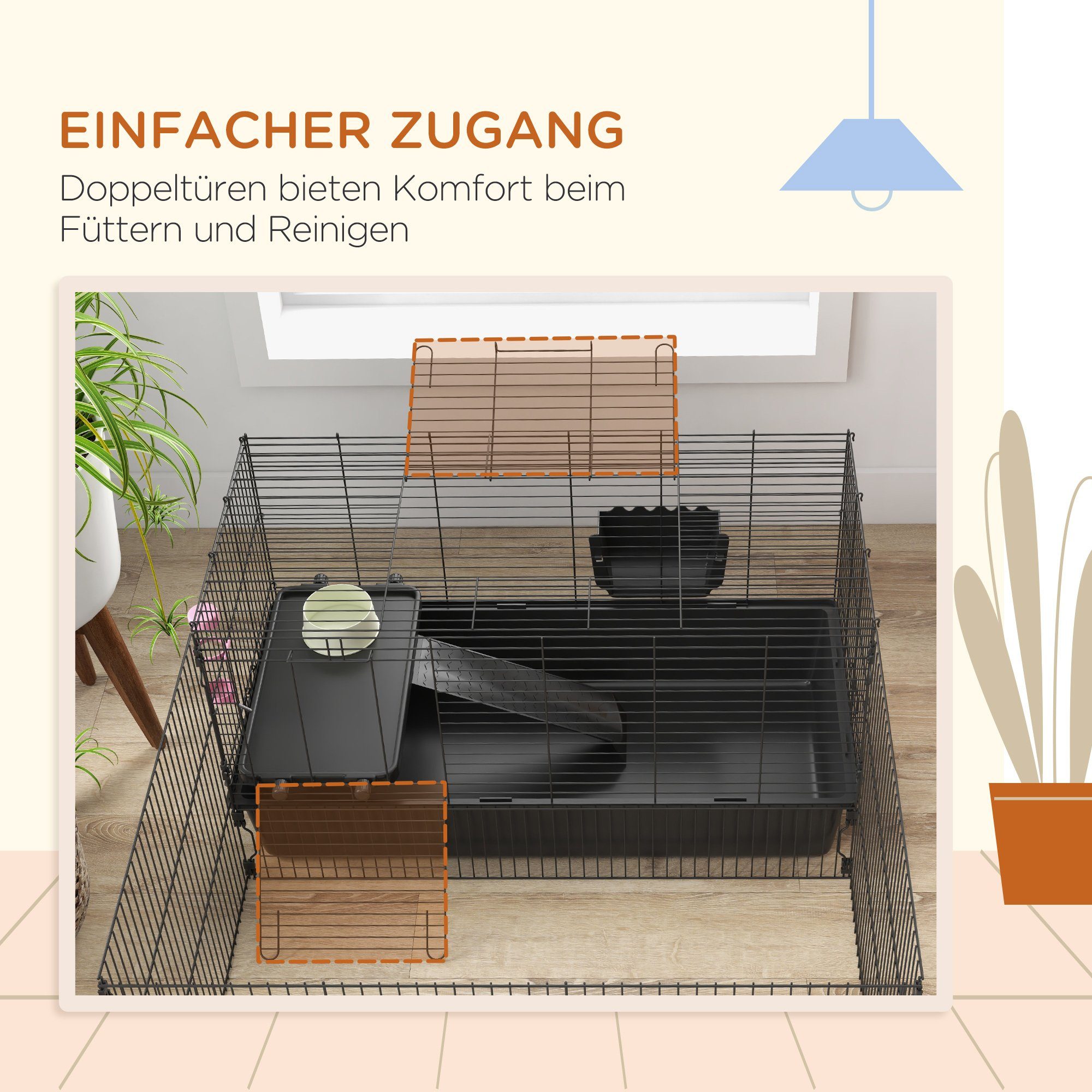 PawHut Kleintierkäfig Kleintierkäfig Nagerkäfig mit Zubehör Kleintierstall Stahl Schwarz, 112.5L x 99B x 54Hcm