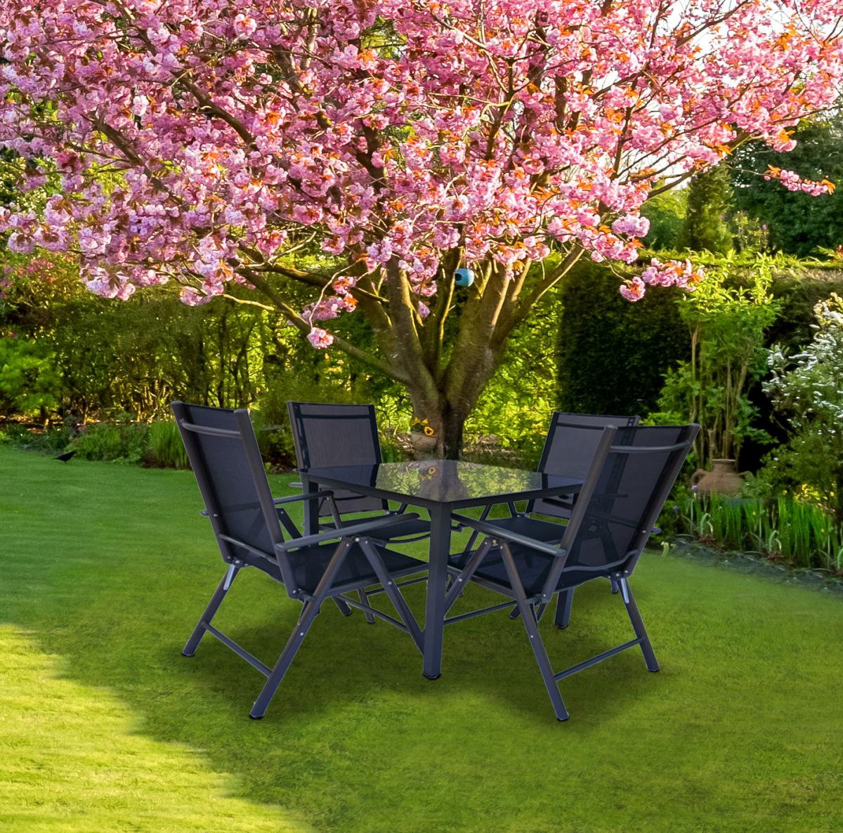 VCM Alu-Gartenset 140 Schwarzglas Tisch   4 Stühle
