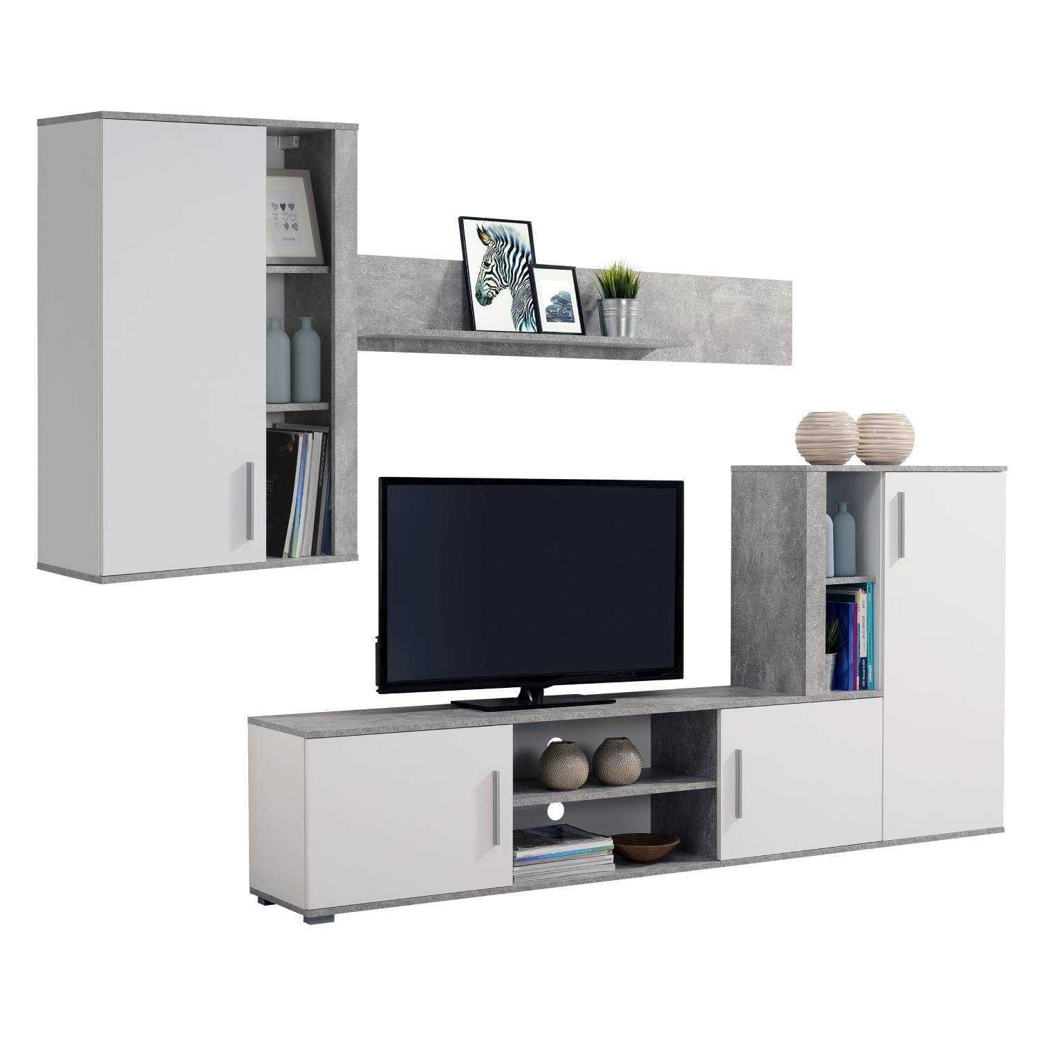 Homestyle4u Wohnwand Schrankwand Anbauwand Wohnzimmer-Set Modern Weiß Beton Optik Holz, (3-St)