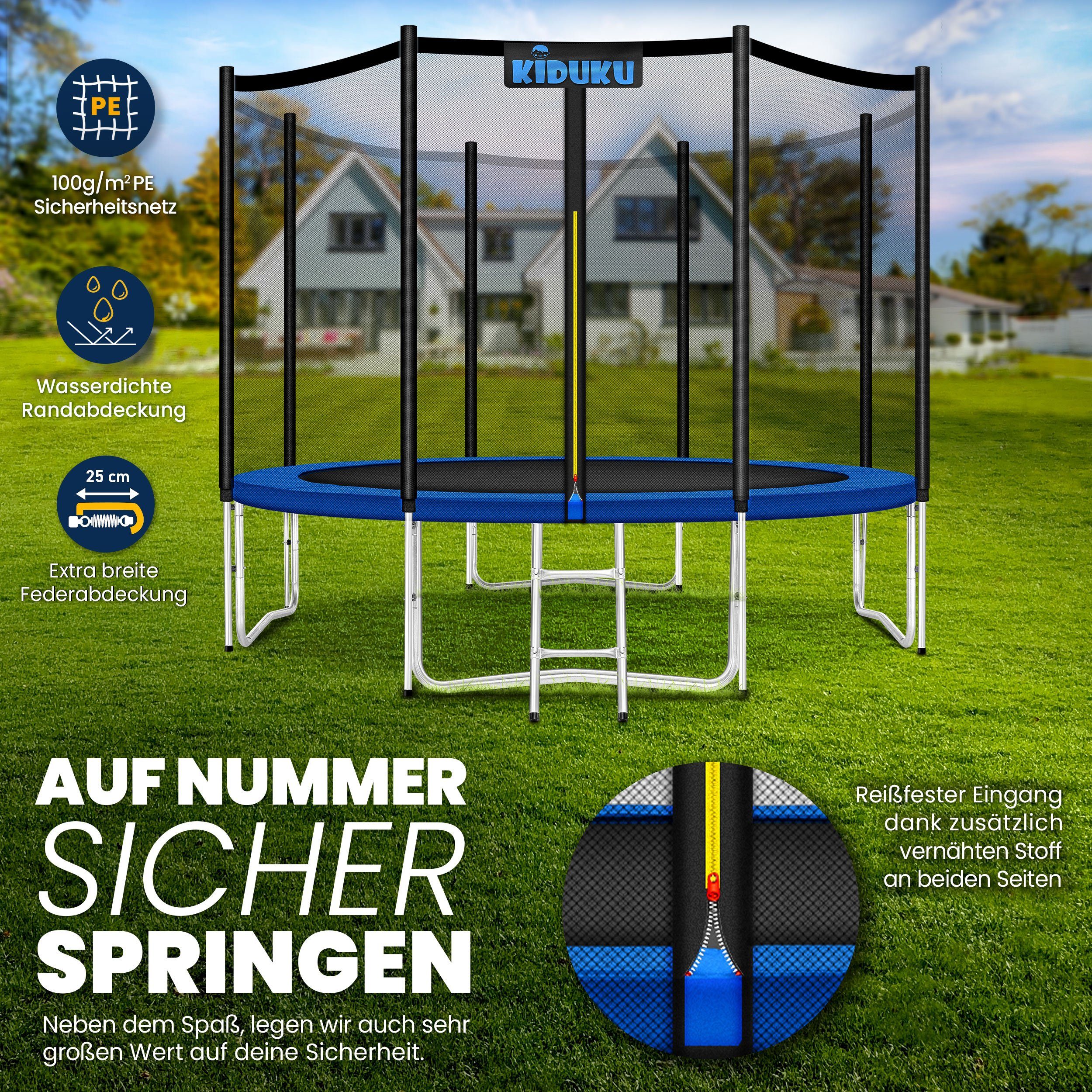 KIDUKU Gartentrampolin Trampolin Outdoor 244 - 427 cm Komplettset Belastbarkeit 150 kg, Ø 305 cm, Sicherheitsnetz, Leiter, Randabdeckung, Bodenanker, Kinder-Trampolin