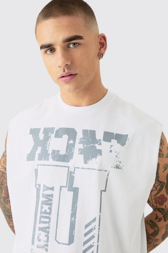 Kastiges Oversize Tanktop mit rohem Saum und Slogan-Print