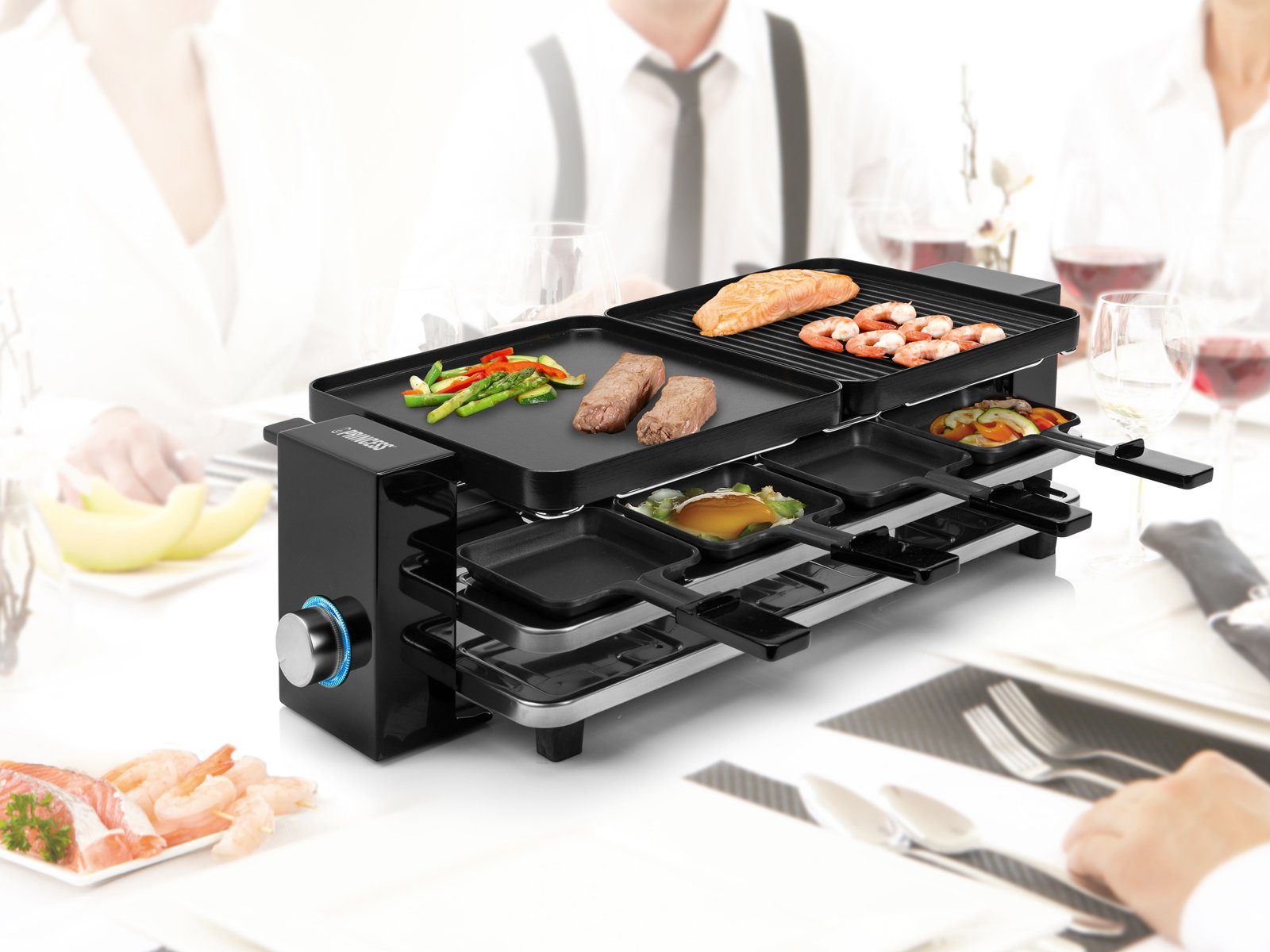 Setpoint Raclette, 8 Raclettepfännchen, 1200 W, Tischgrill-Gerät 2-8 Personen, Parkdeck gegen angebrannte Pfännchen