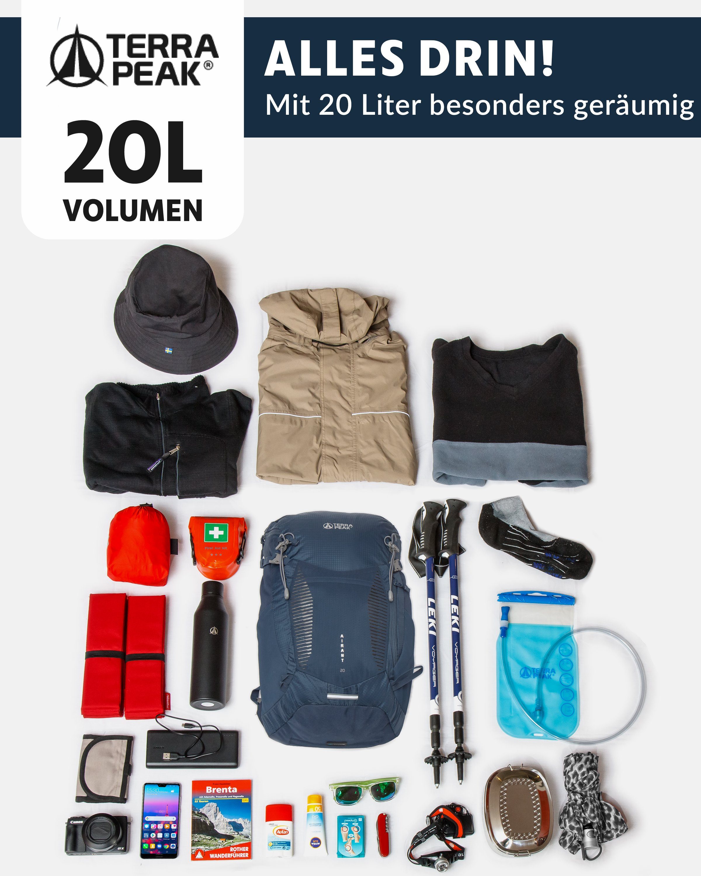 Terra Peak Wanderrucksack Airant 20, Rucksack klein mit belüftetem Netzrücken 20 Liter