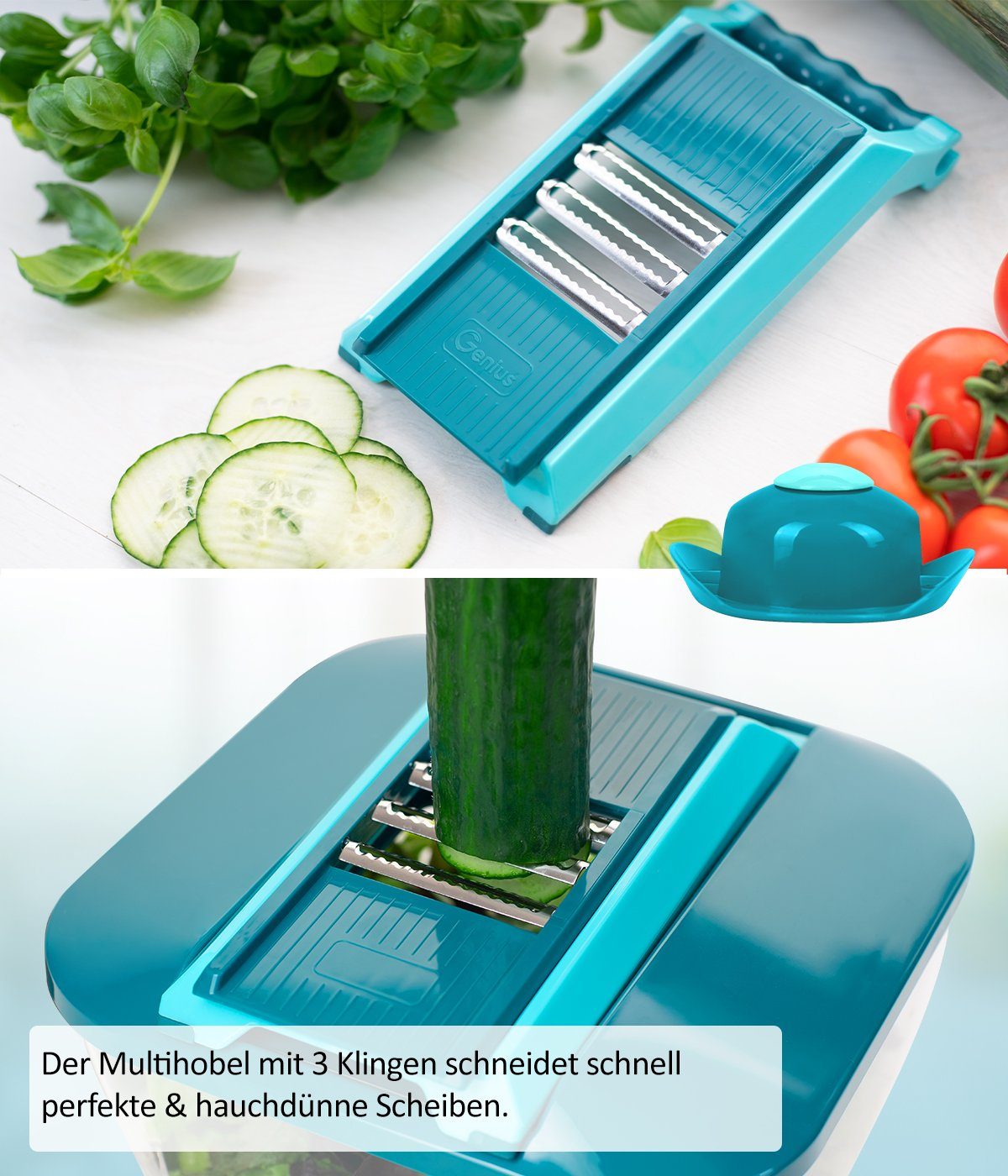 Genius Gemüseschneider Nicer Dicer Chef Professional, Set 15-tlg. Gemüseschneider, 5.2L Behälter Deckel Gemüsehobel
