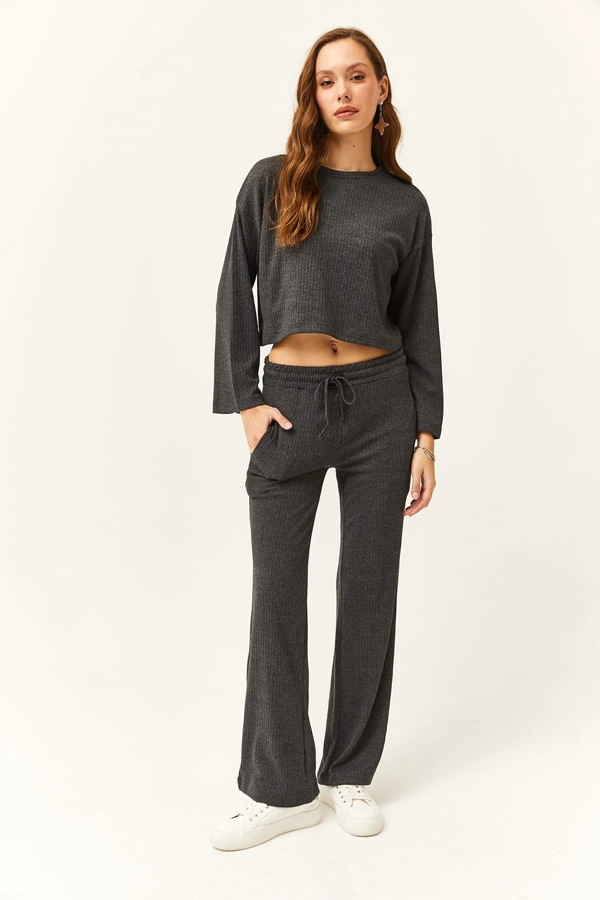 Olalook  Damen Anthrazit Oberteil Lockere Bluse Unterteil Tasche Hose Set