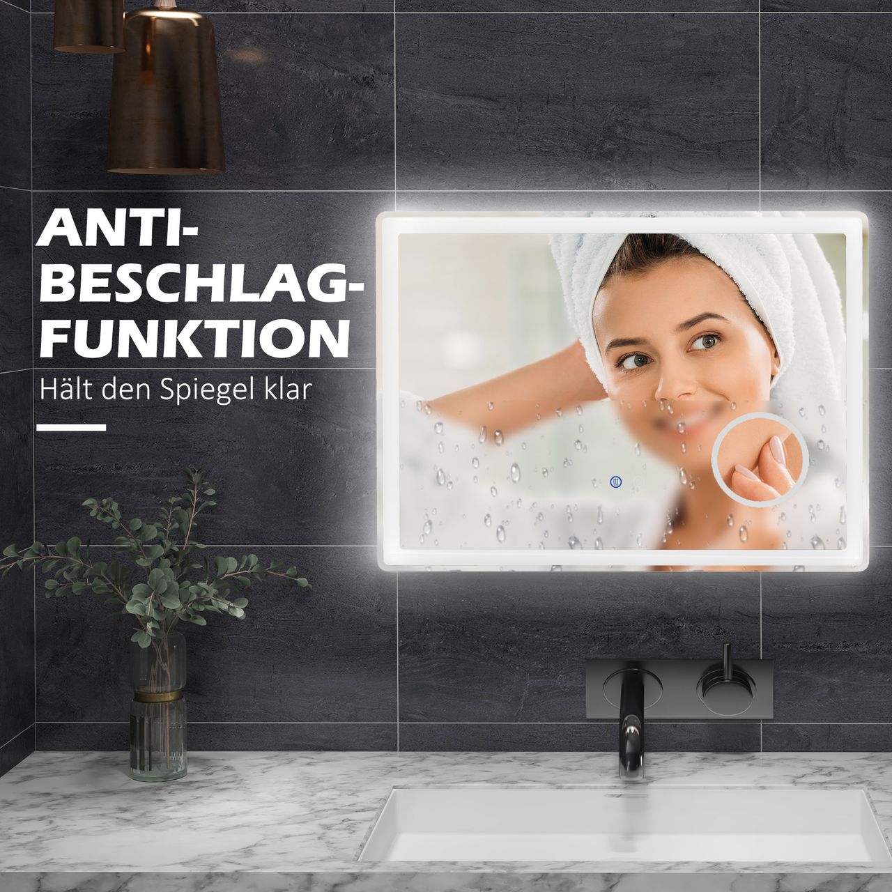 kleankin LED Badezimmerspiegel, 80 x 60 cm Badspiegel mit 3x Vergrößerung