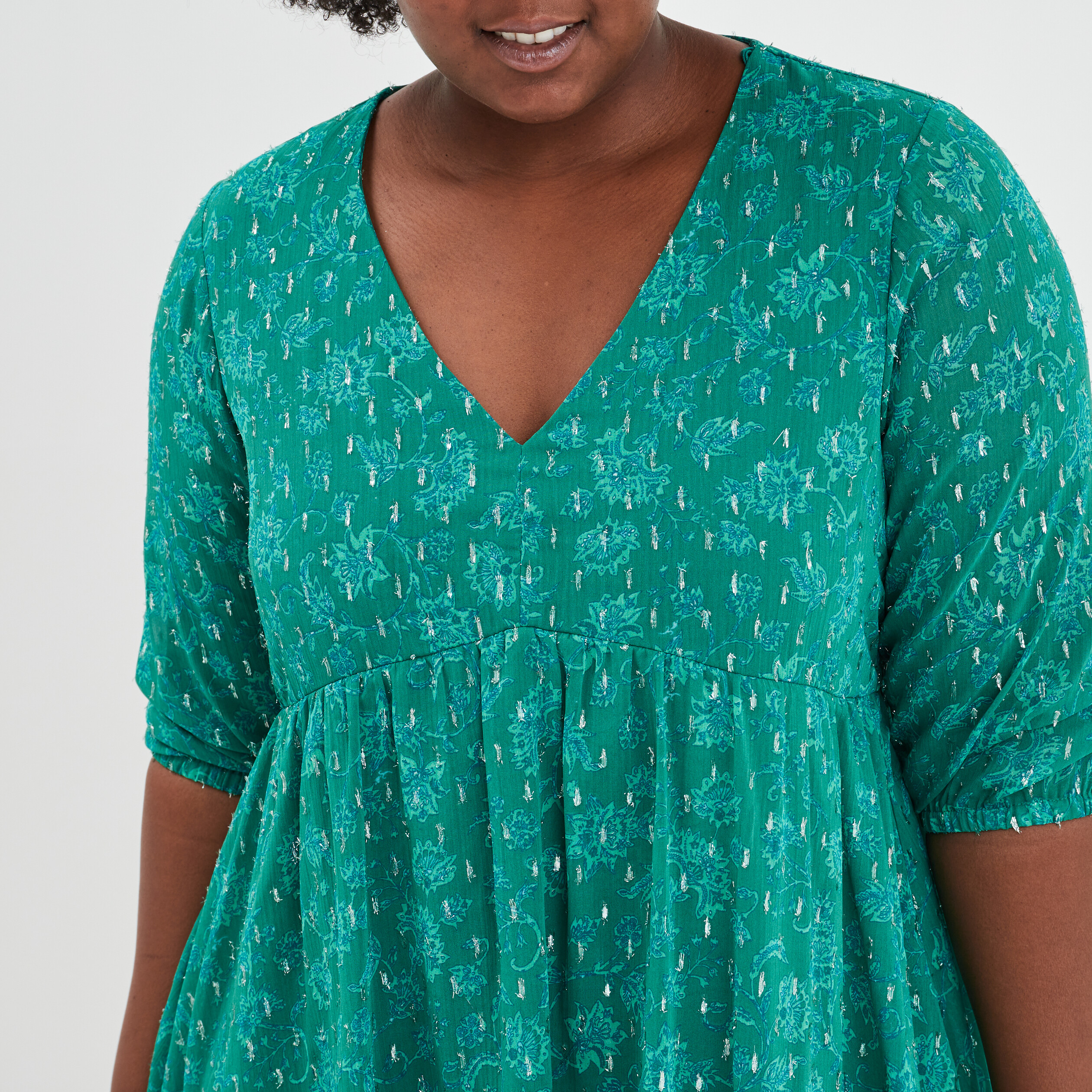 Robe patineuse fils métallisés col en V vert femme grande taille | La Halle