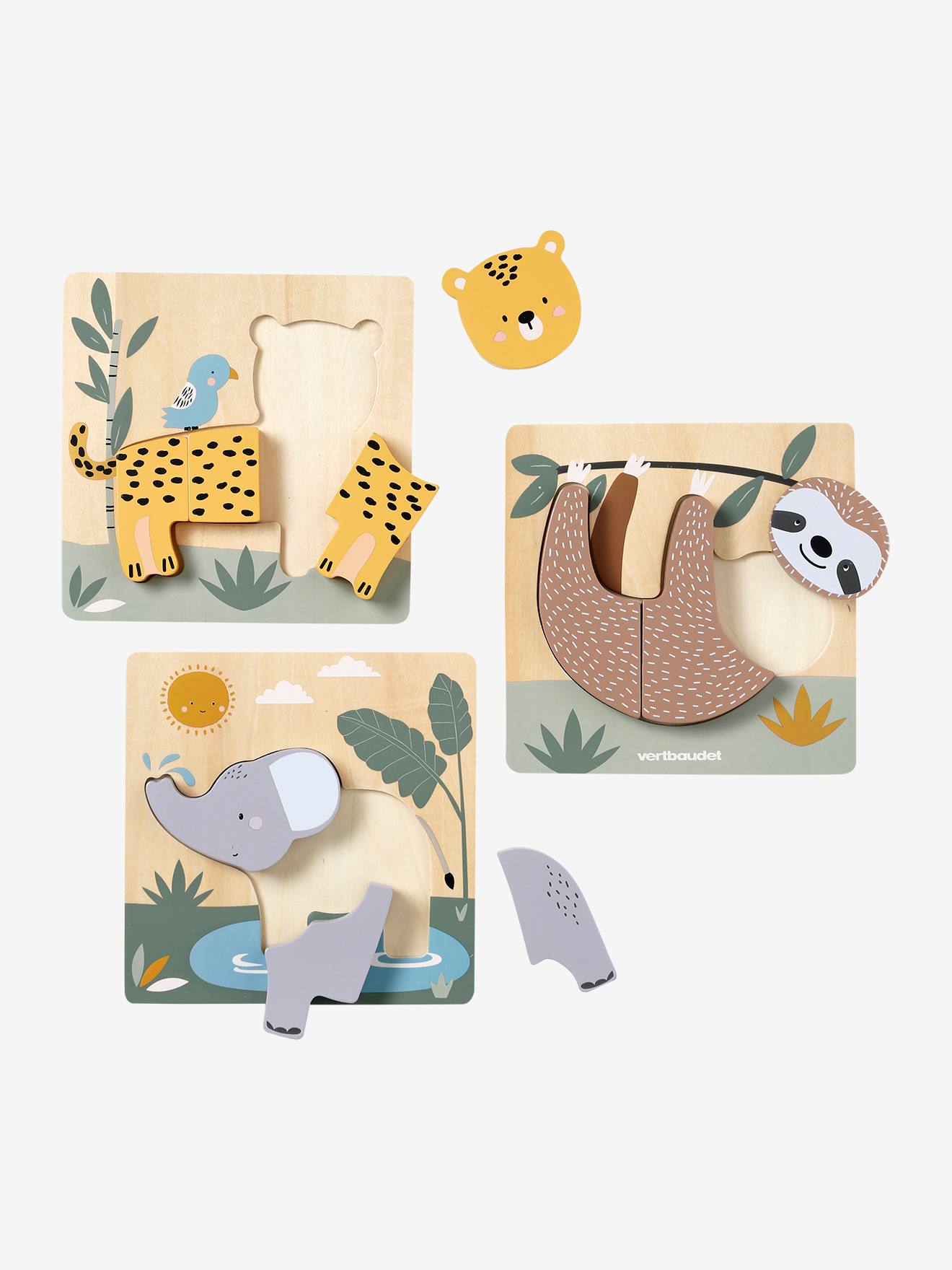 Vertbaudet 3er-Set Baby Puzzles TANSANIA aus Holz FSC - gelb