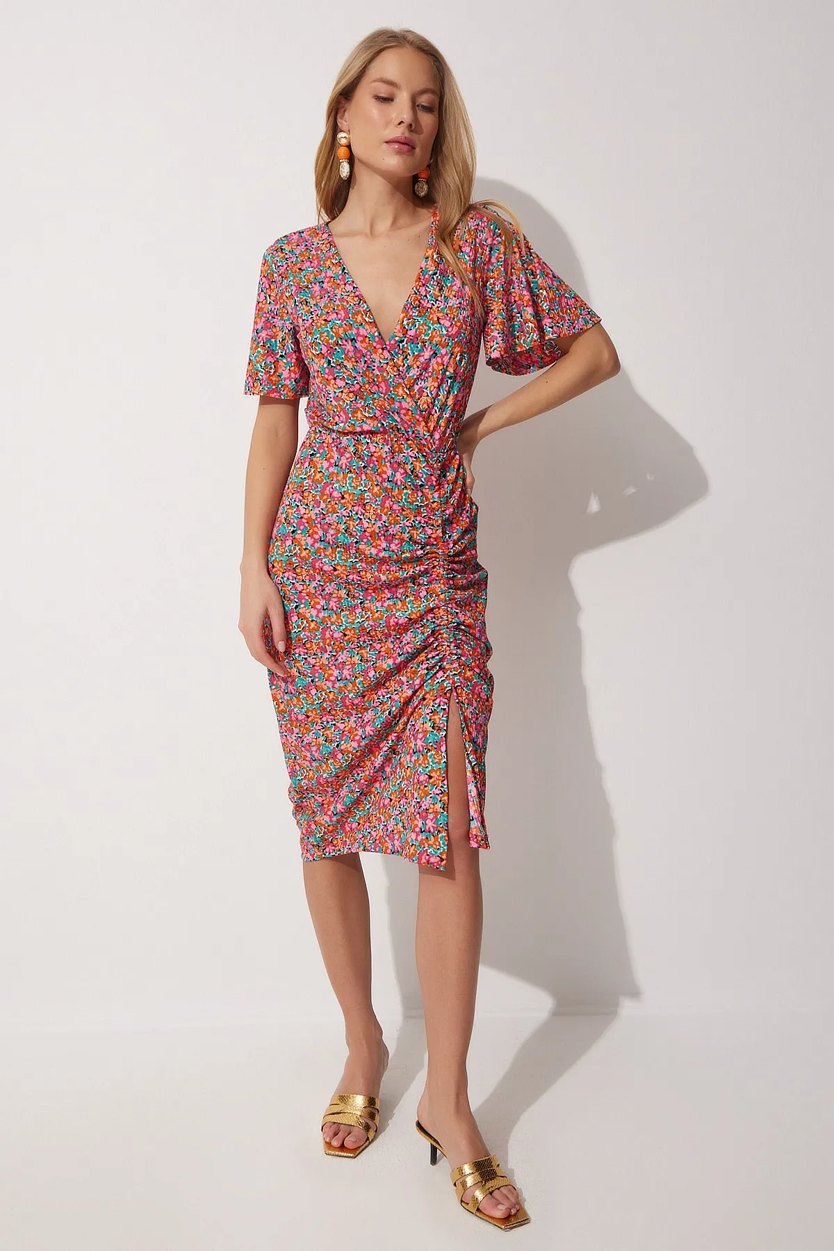 Happiness İstanbul  Damen-Sommerkleid mit Wickelkragen, rosa Blumenmuster, MC00162