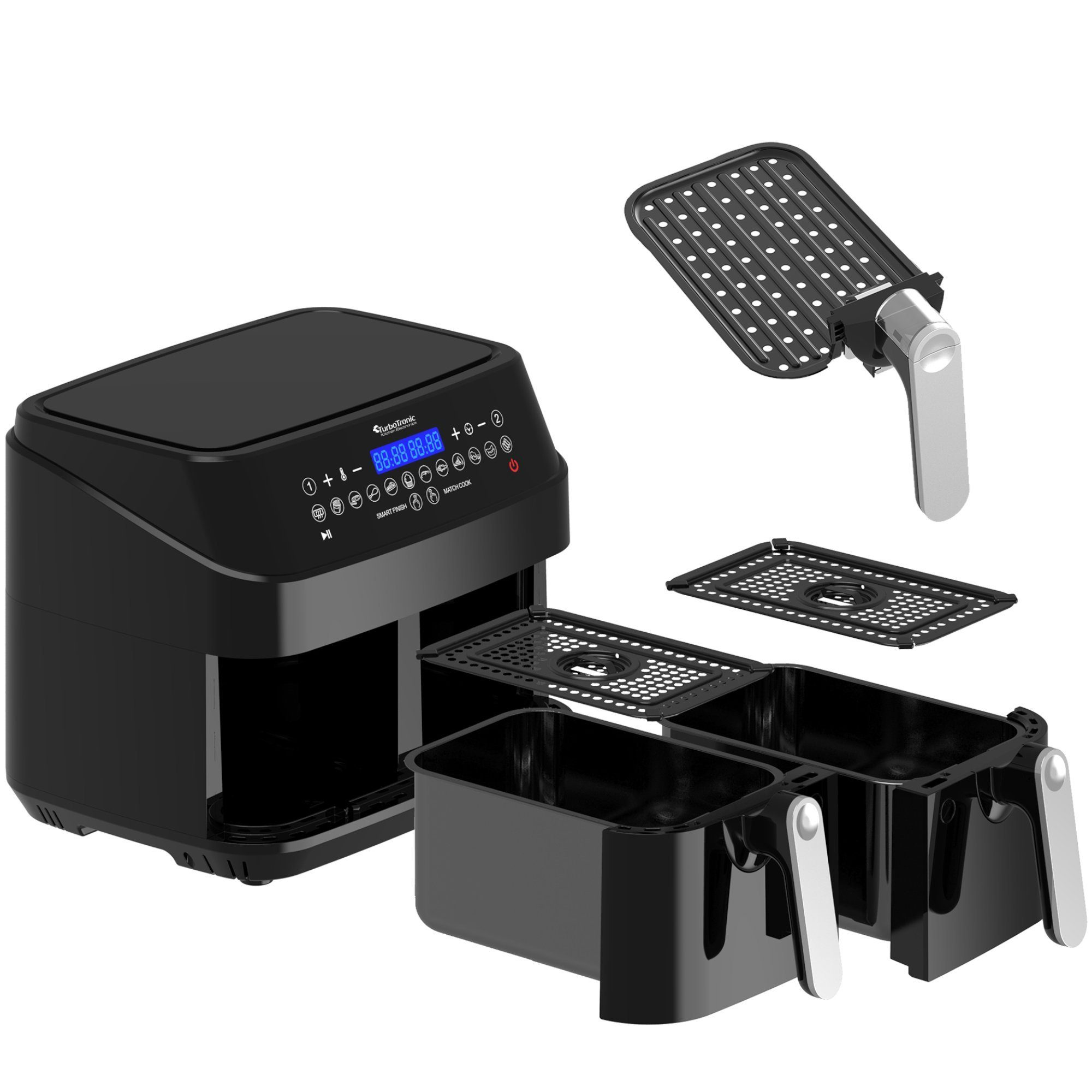TurboTronic by Z-Line Heißluftfritteuse XXL Doppelkammer 2x 4,5 Liter, 50°C - 200°C, Power, dual, Camping, 3200 W, 12 Programme Fritteuse ohne Fett, digitaler doppel Airfryer Fettfrei