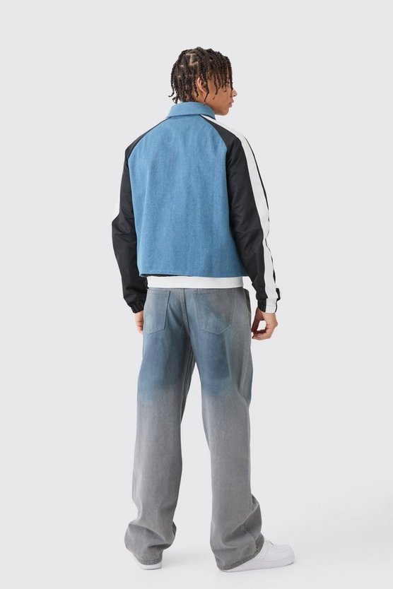 Kastige Jacke aus Denim und Nylon mit Streifen-Detail