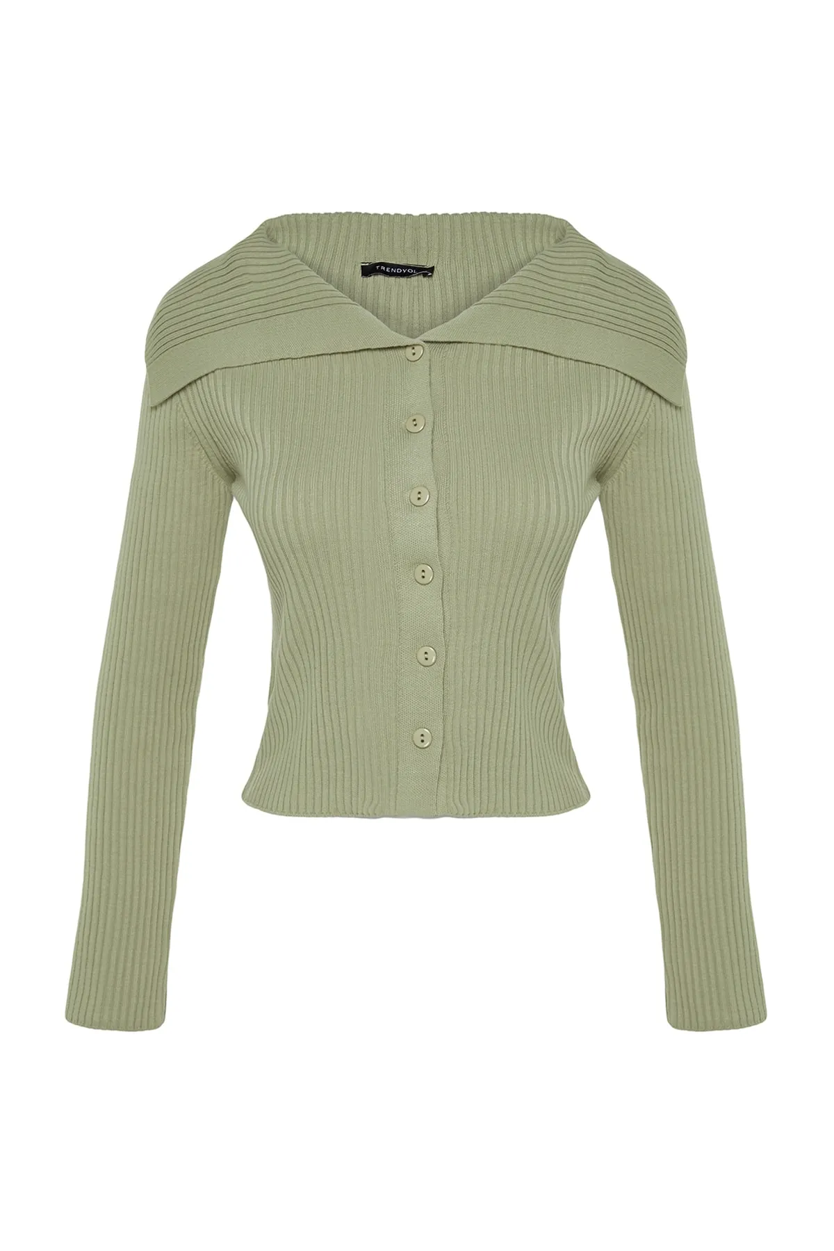 Trendyol Collection  Khakifarbener, kurz geschnittener Strick-Cardigan mit Umlegekragen TWOAW24HI00284