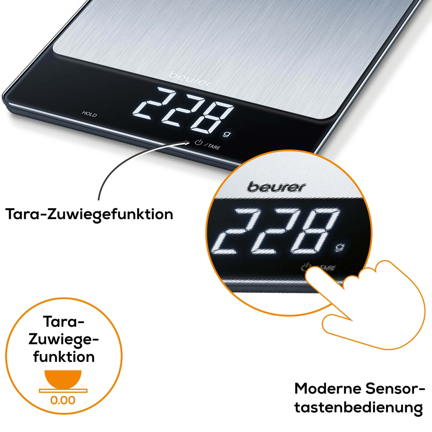 Beurer KS 34 XL Stainless Steel Küchenwaage-Edle XL Küchenwaage im Edelstahl-Design mit Magic-Display bis 15 kg